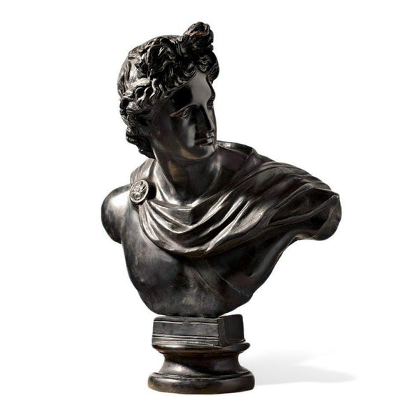 Bust of Apollo in dark bronze, copy of the original from the Vatican Museums, with sculpted hair, drapery, and decorative base, photographed on a white background.