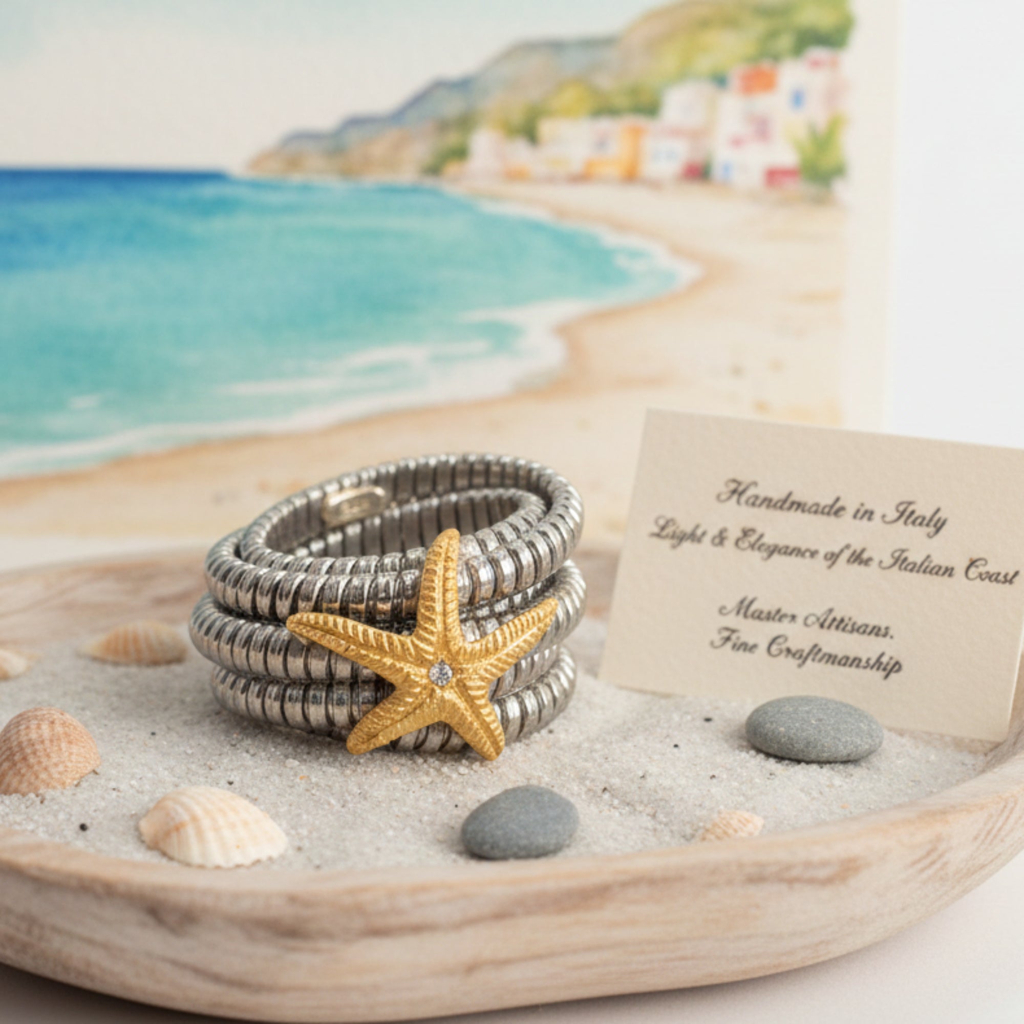6-round steel ring with starfish in 18K GOLD and diamonds