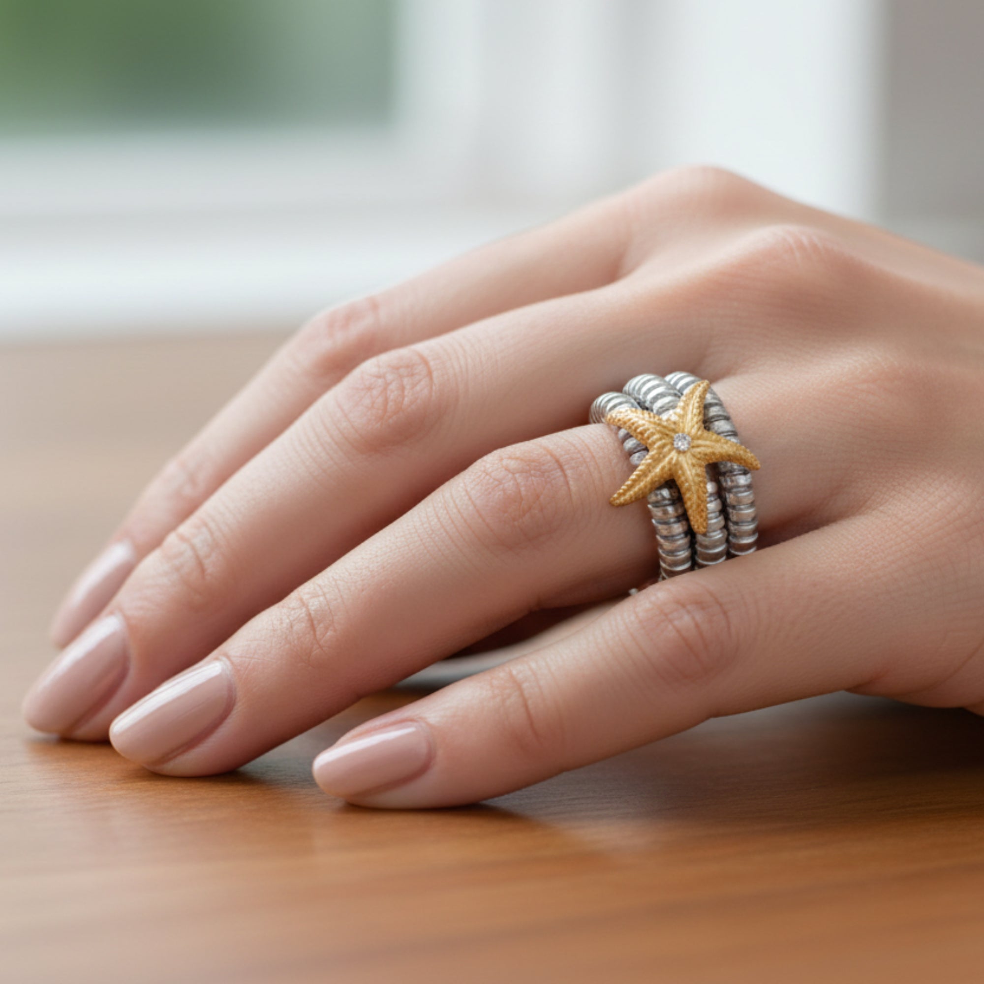 3 laps ring in Steel with Starfish in 18K GOLD and Diamonds