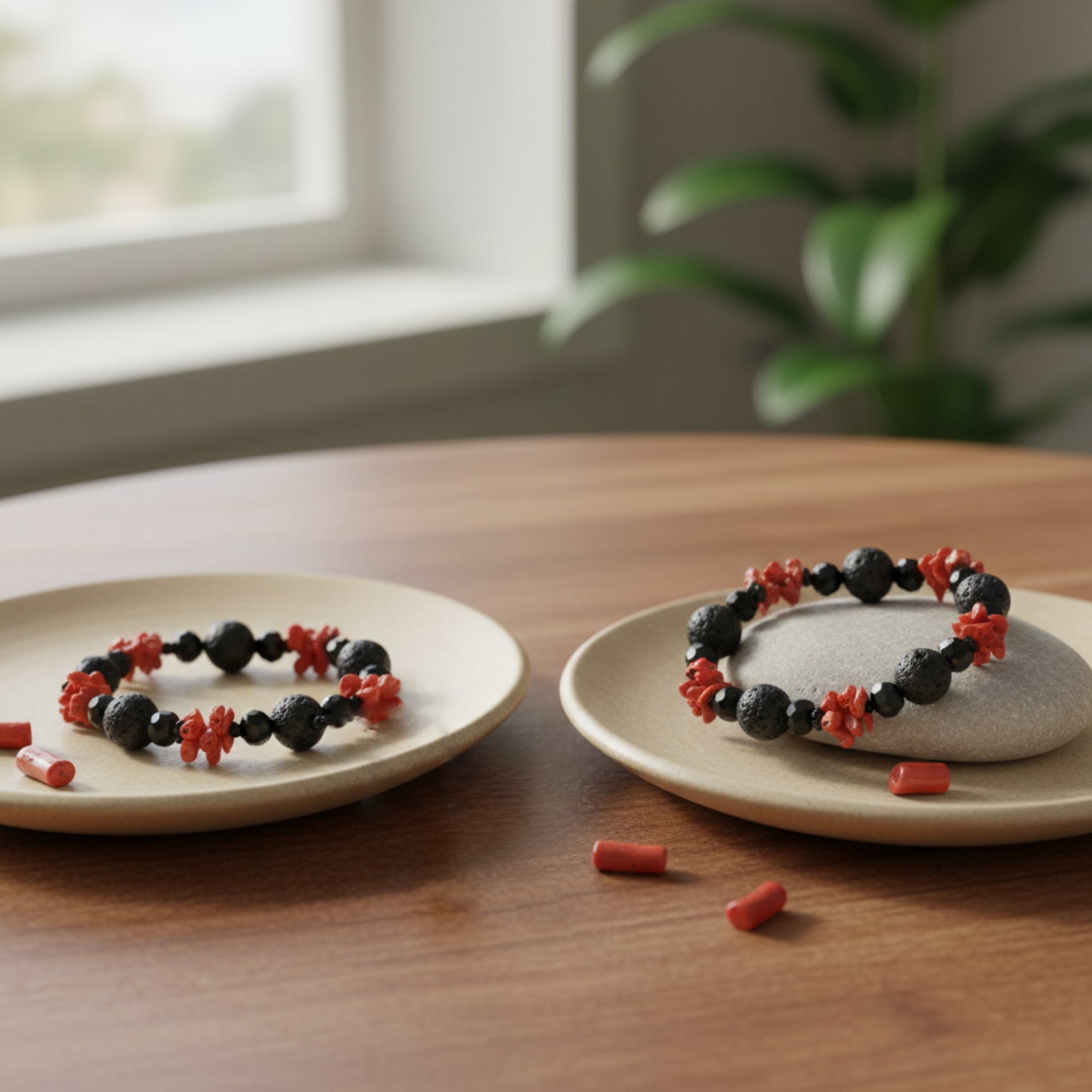 Red Coral, Lava Stone and Onyx Bracelet
