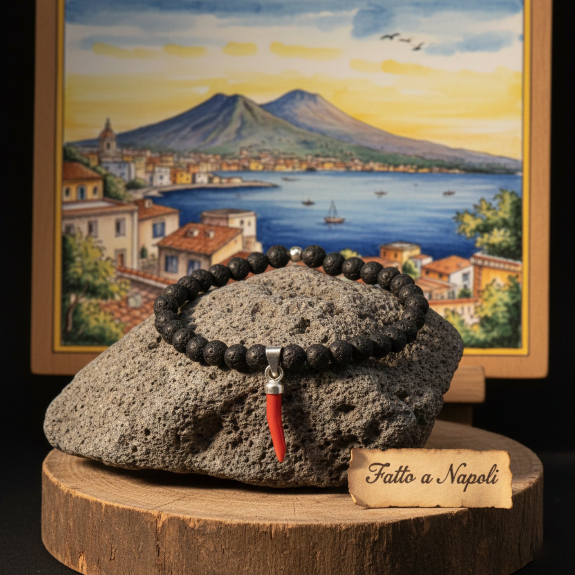 Lucky Horn Bracelet, Lava Stone and 925 Silver