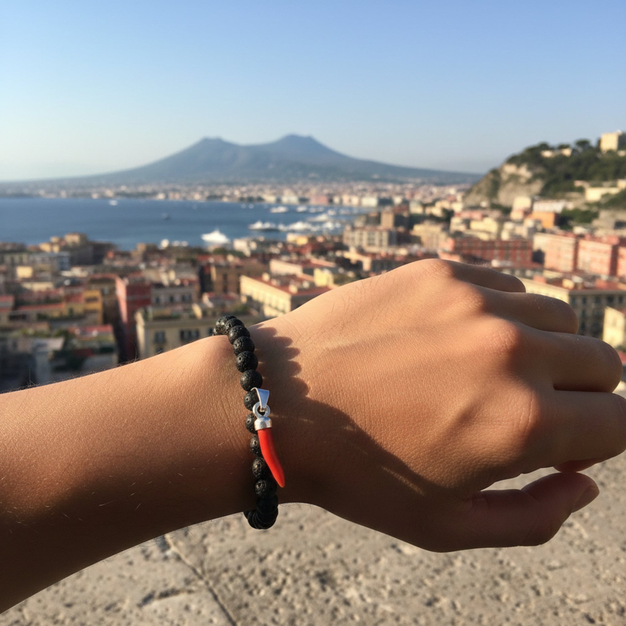 Lucky Horn Bracelet, Lava Stone and 925 Silver