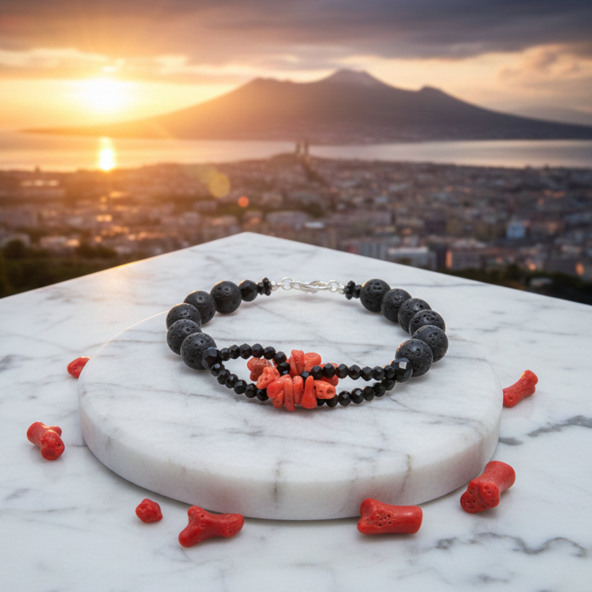 Coral Flakes, Lava Stone and Onyx Bracelet