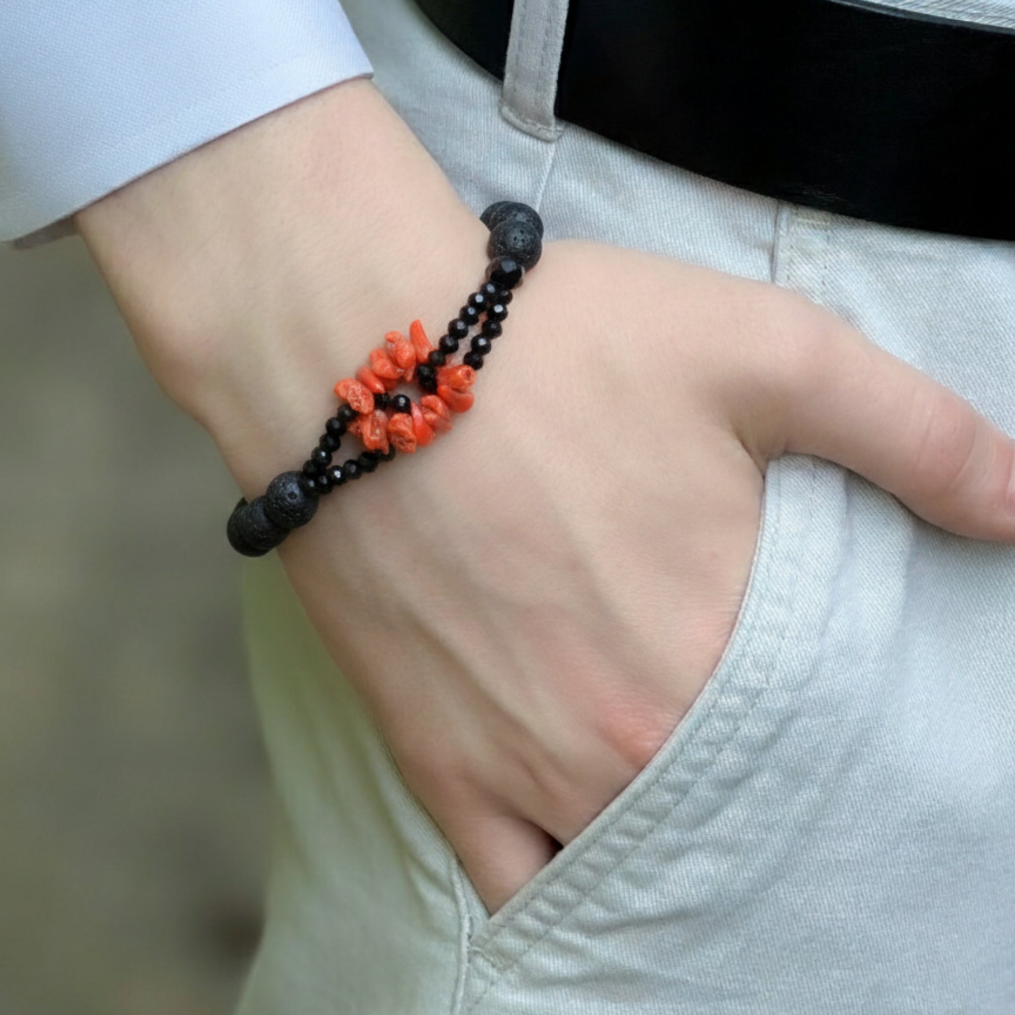 Coral Flakes, Lava Stone and Onyx Bracelet
