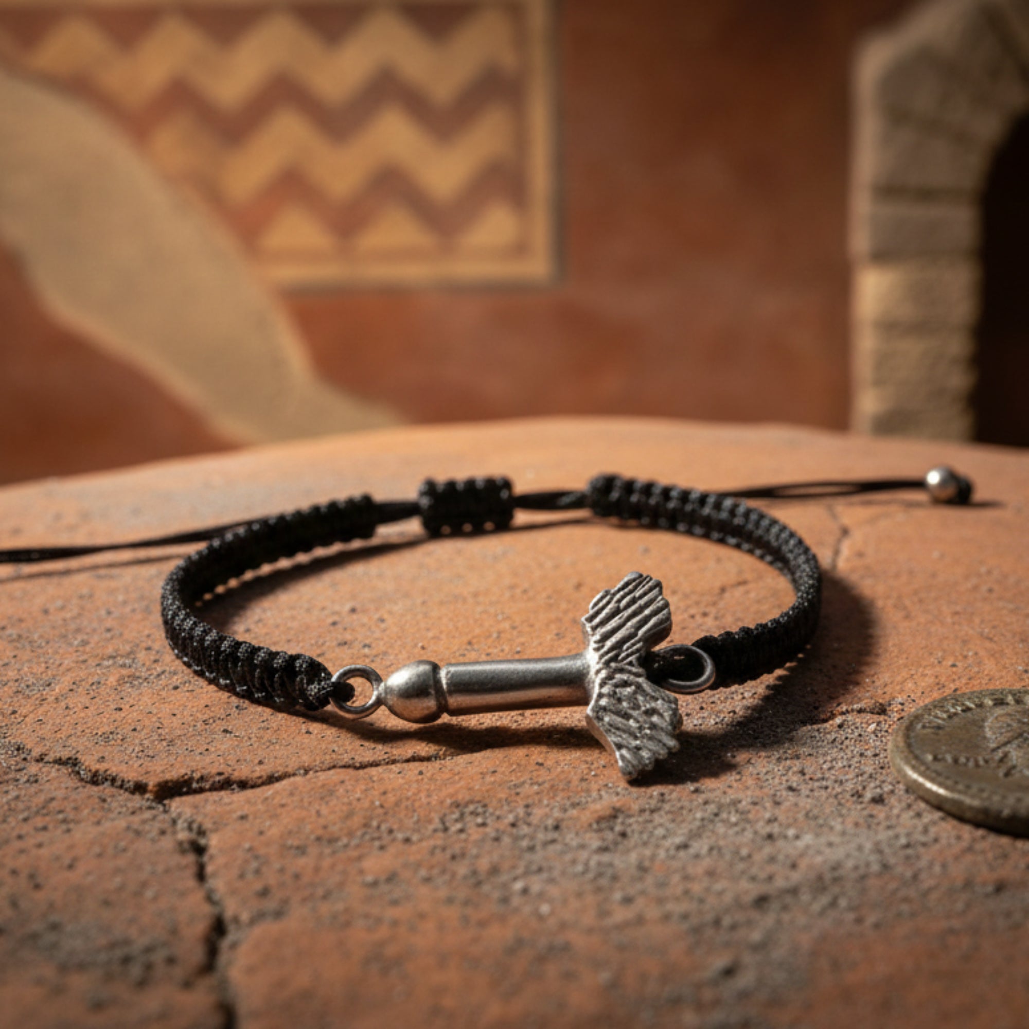 Bracelet with cotton thread and Winged Phallus in 925 Silver