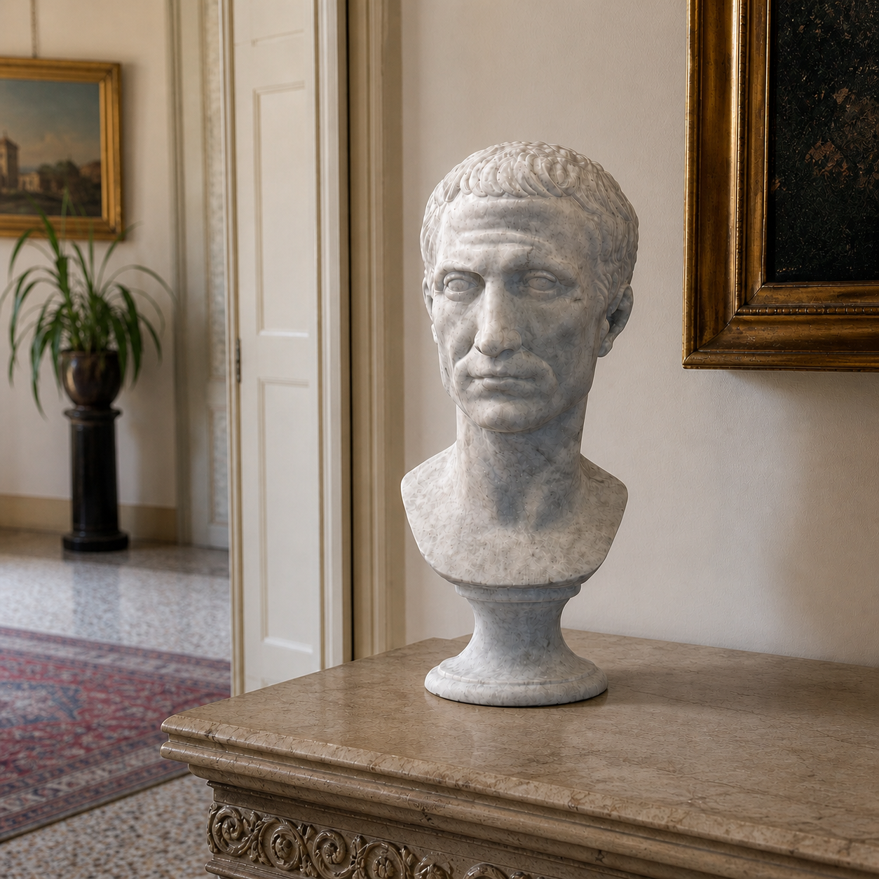Buste de Jules César en marbre blanc, avec un visage réaliste, cheveux courts et traits sévères, représenté sur un piédestal, vue de face