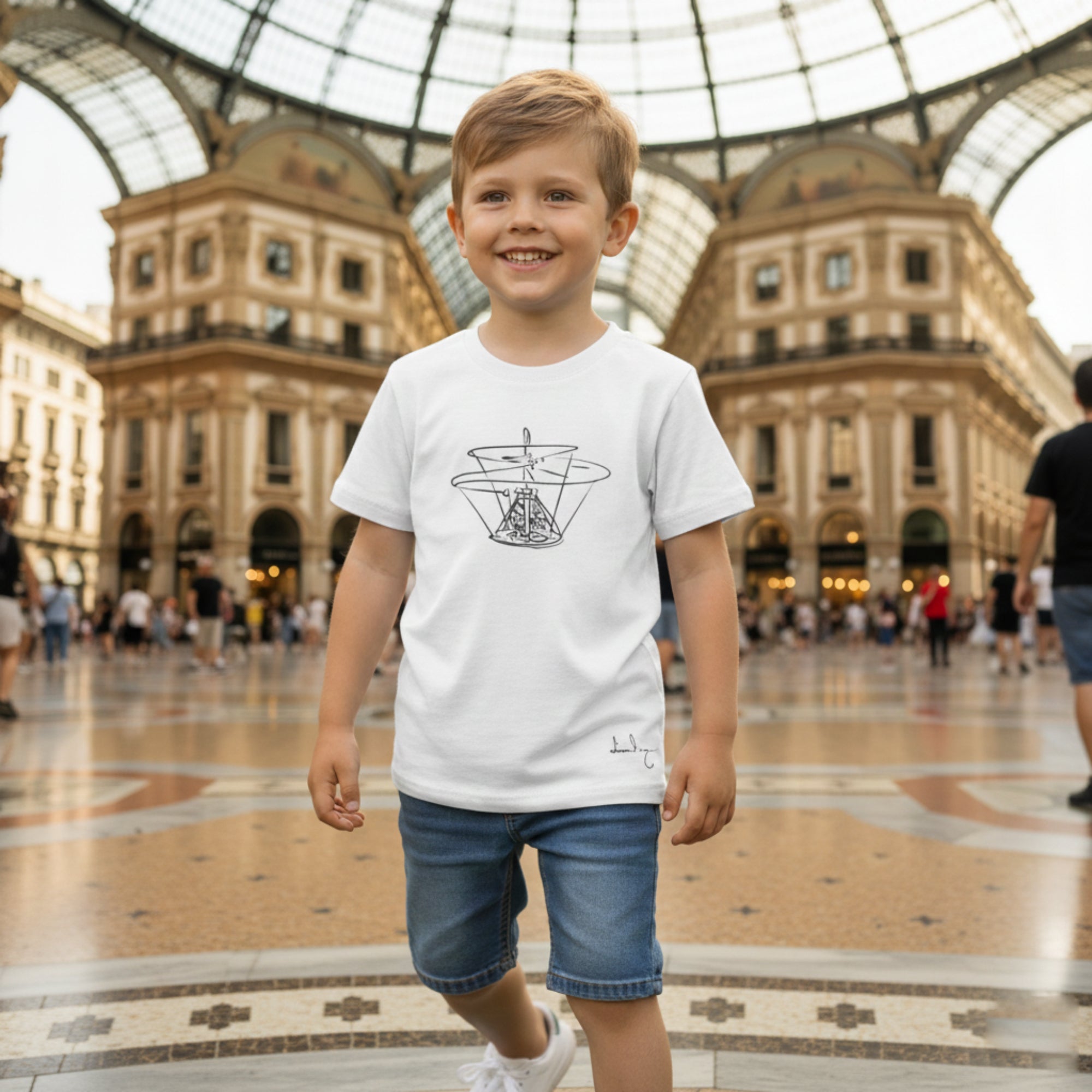 T-shirt bambini ispirata a Leonardo da Vinci, tra arte e ingegneria.