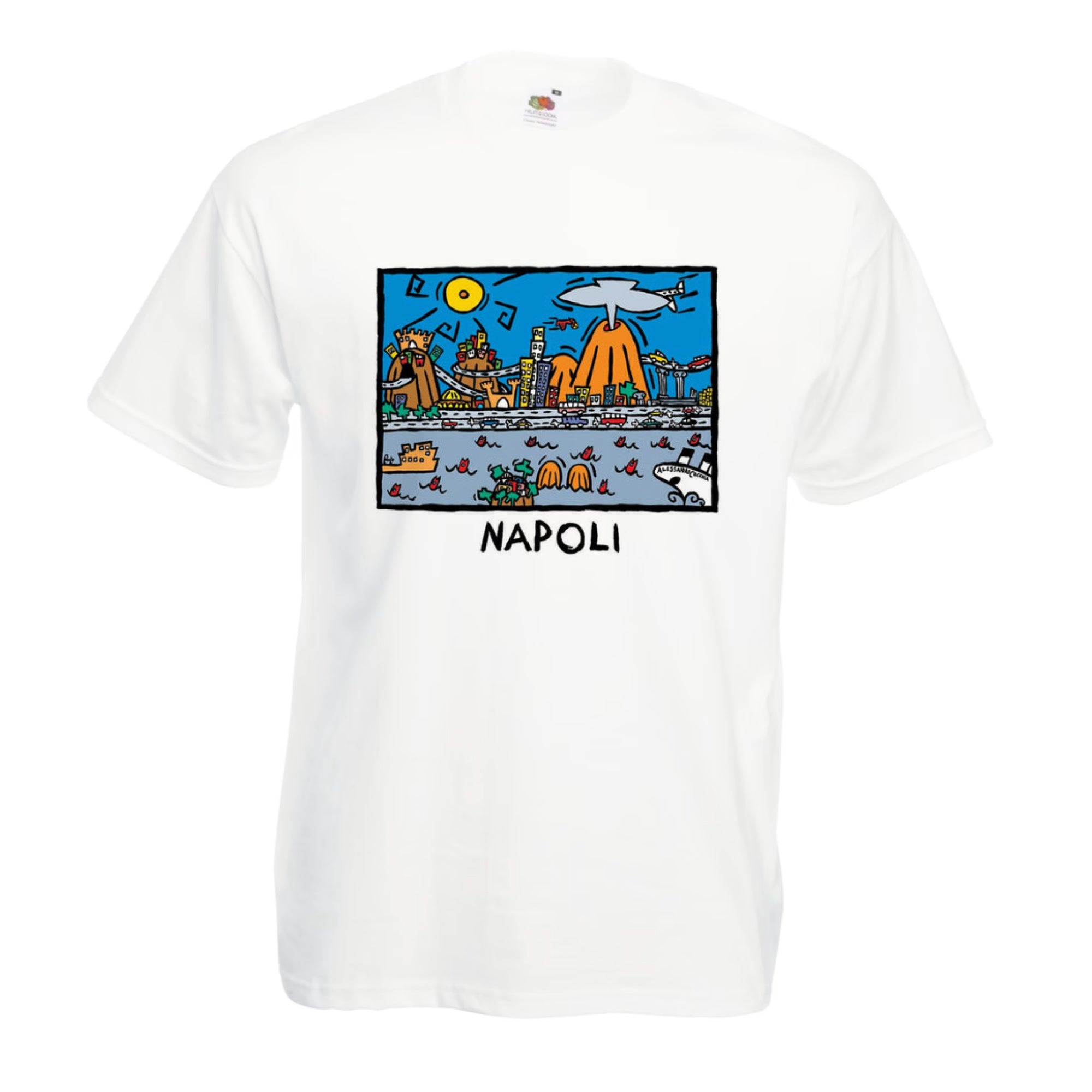 T-shirt in cotone con stampa ispirata all’arte di Alessandro Cocchia e ai colori di Napoli