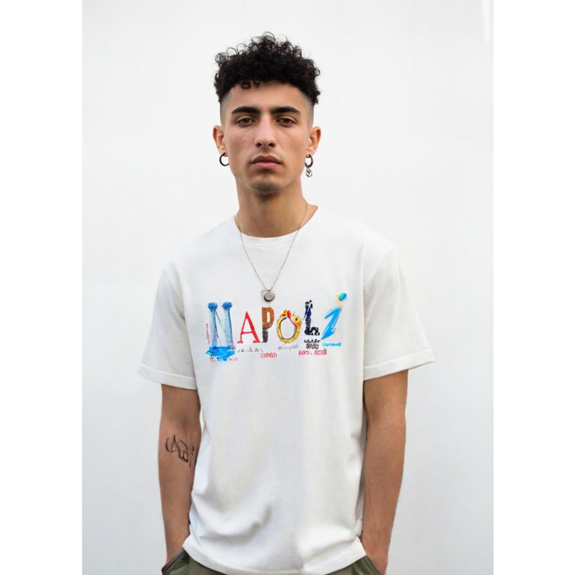 T-shirt unisex in cotone nero con stampa colorata “Napoli”, realizzata in Italia.