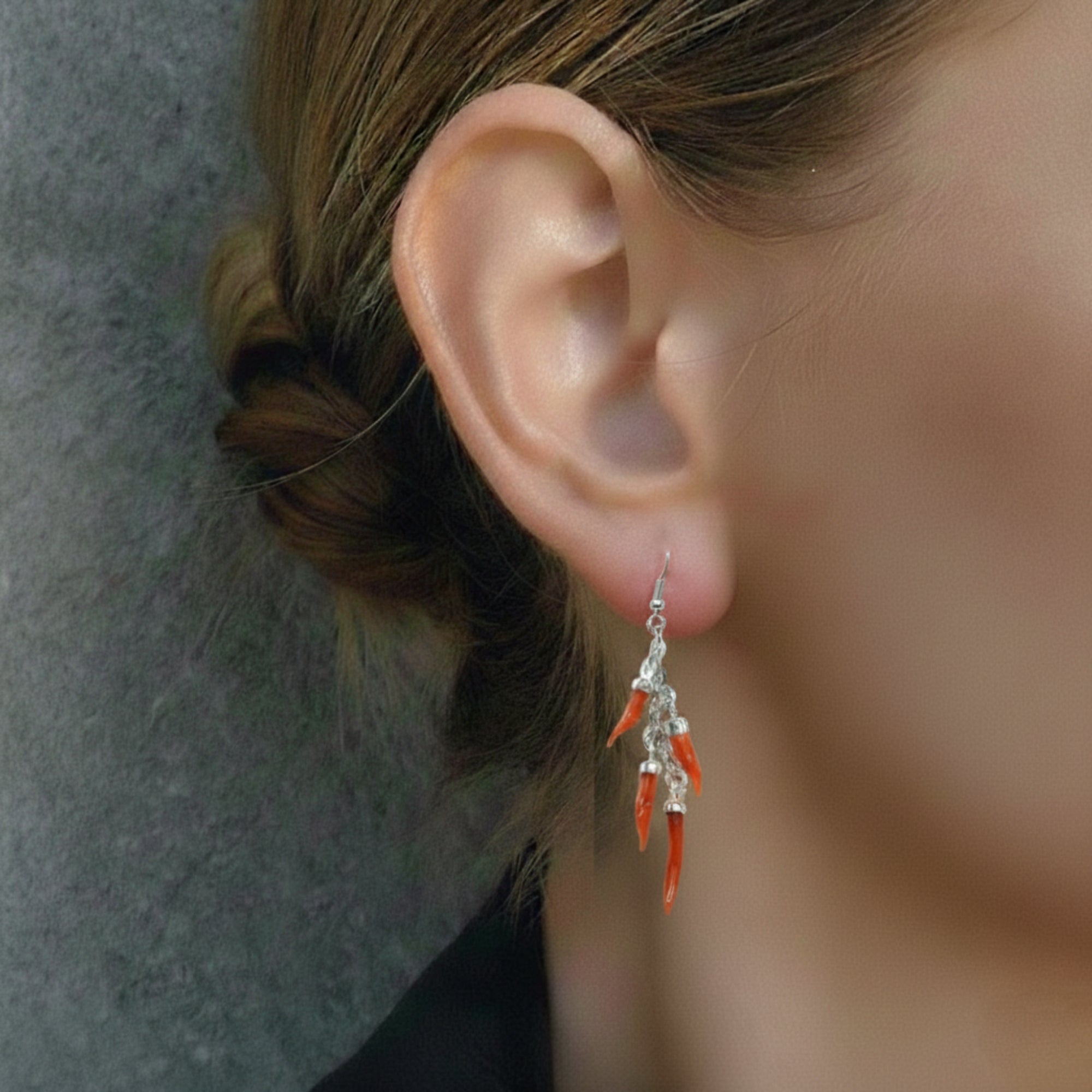 Pendientes Cuerno de la Suerte - Coral Rojo y Plata 925