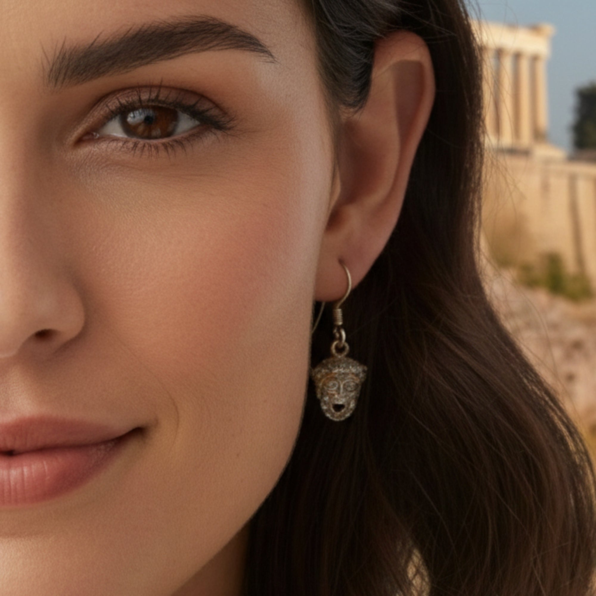 Greek Mask Earrings in Burnished Silver