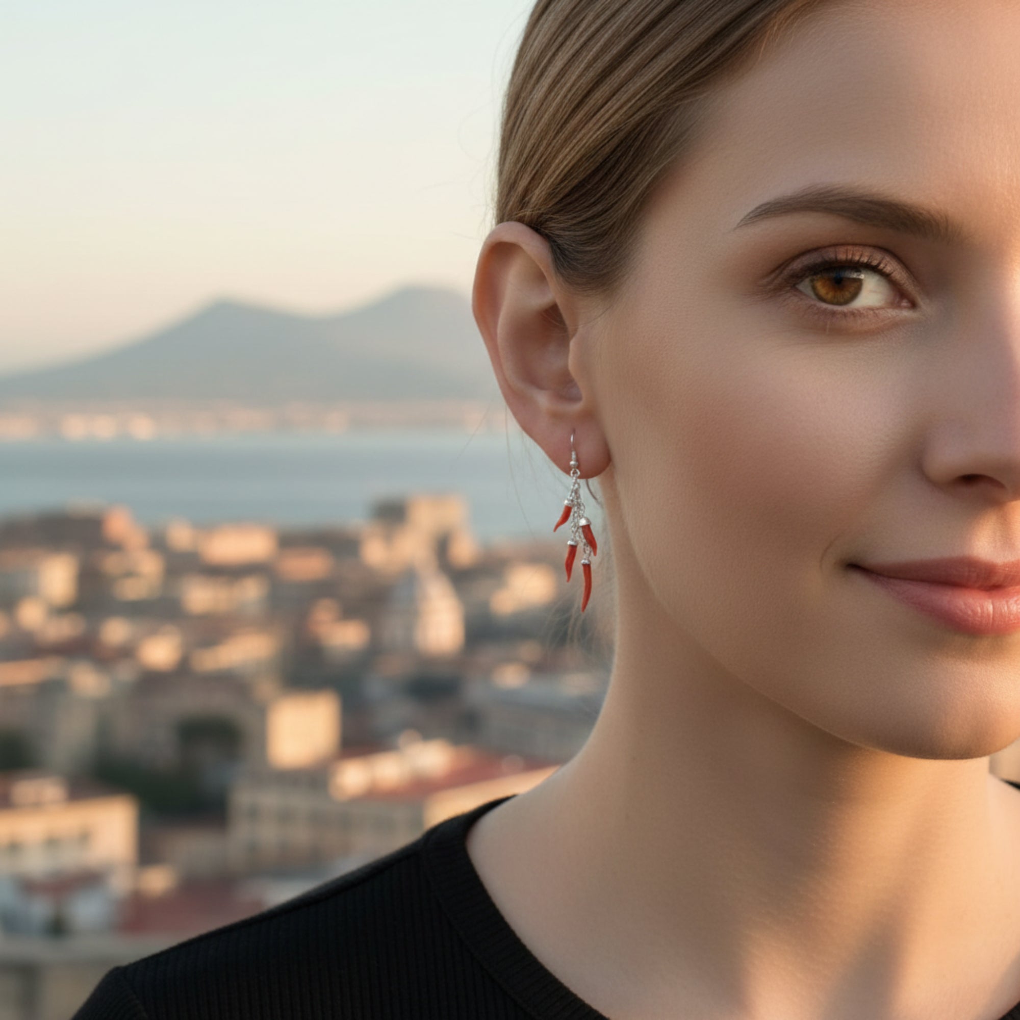 Pendientes Cuerno de la Suerte - Coral Rojo y Plata 925