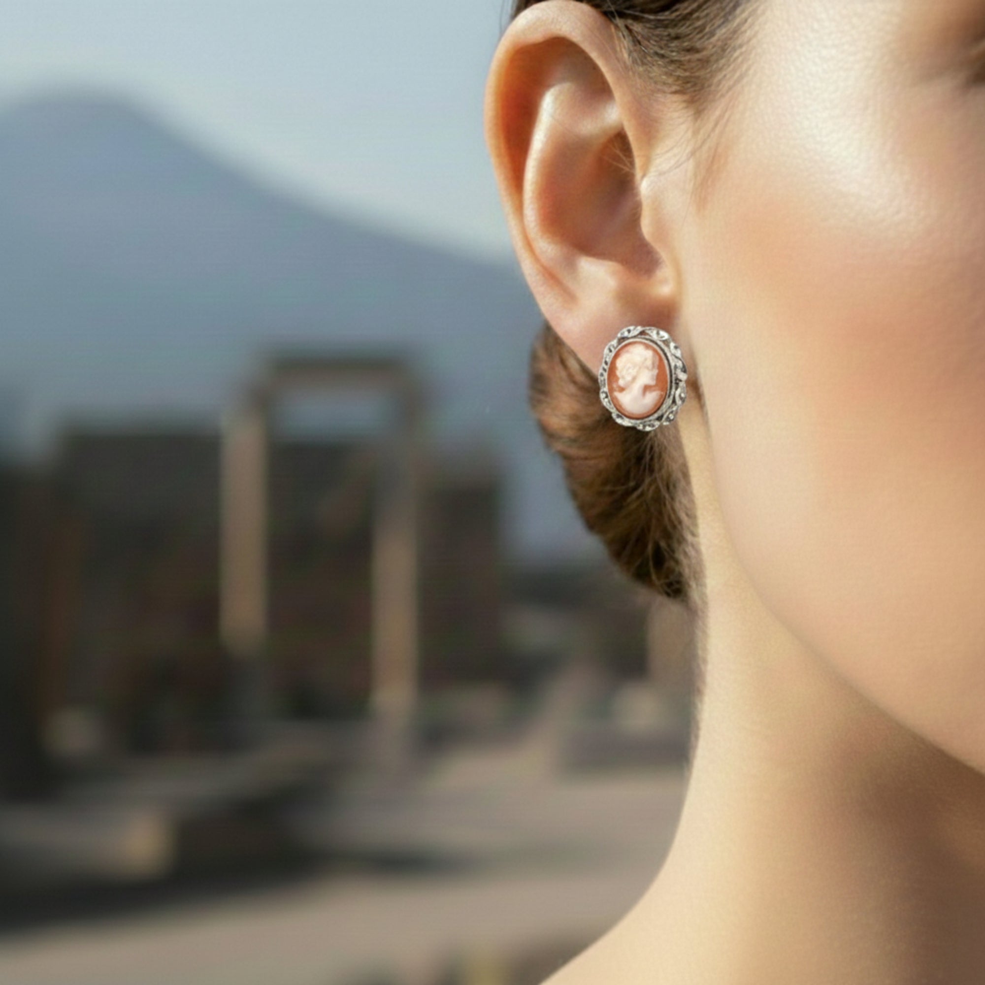 Boucles d'oreilles lobe en argent avec camée, orange