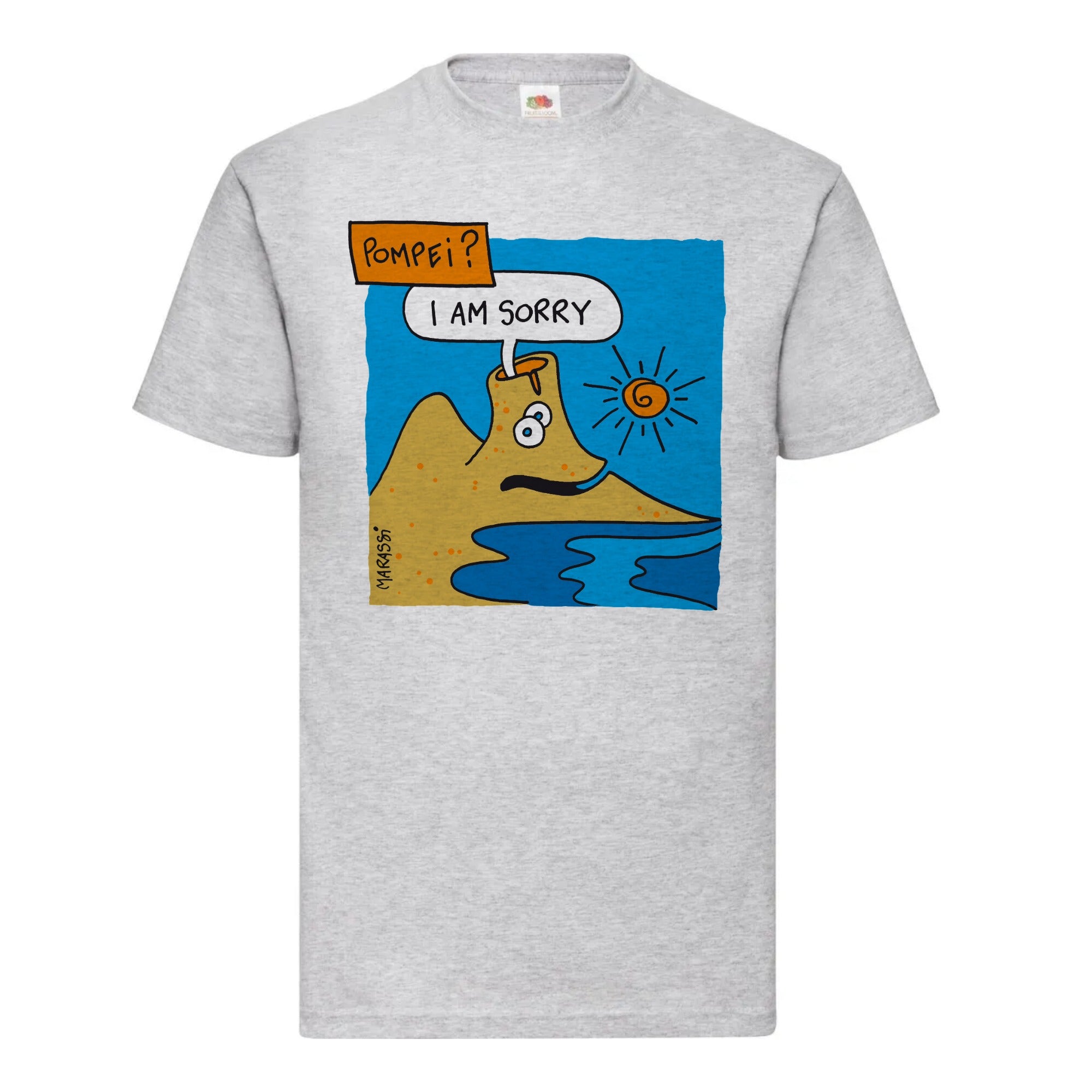 T-shirt bambino grigia con stampa “I Am Sorry” di Marassi ispirata a Pompei e al Vesuvio.