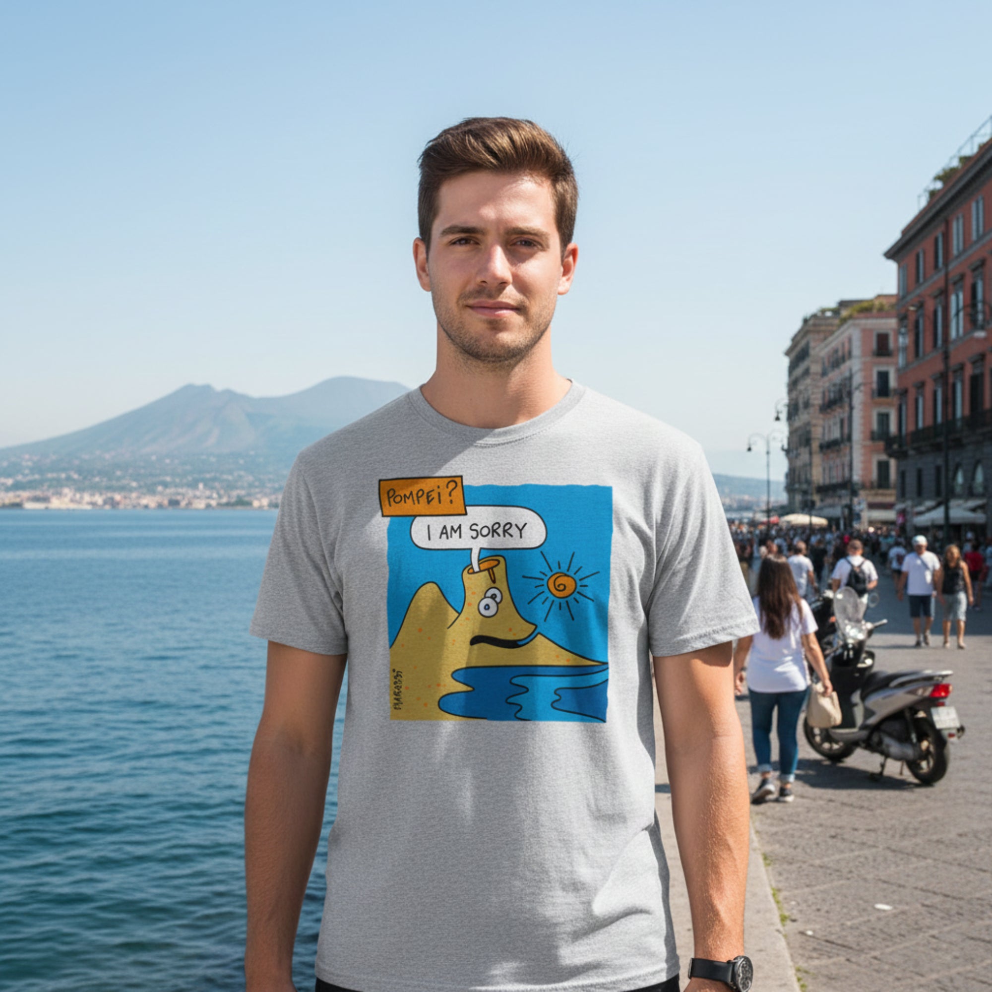 T-shirt bambino grigia con stampa “I Am Sorry” di Marassi ispirata a Pompei e al Vesuvio.