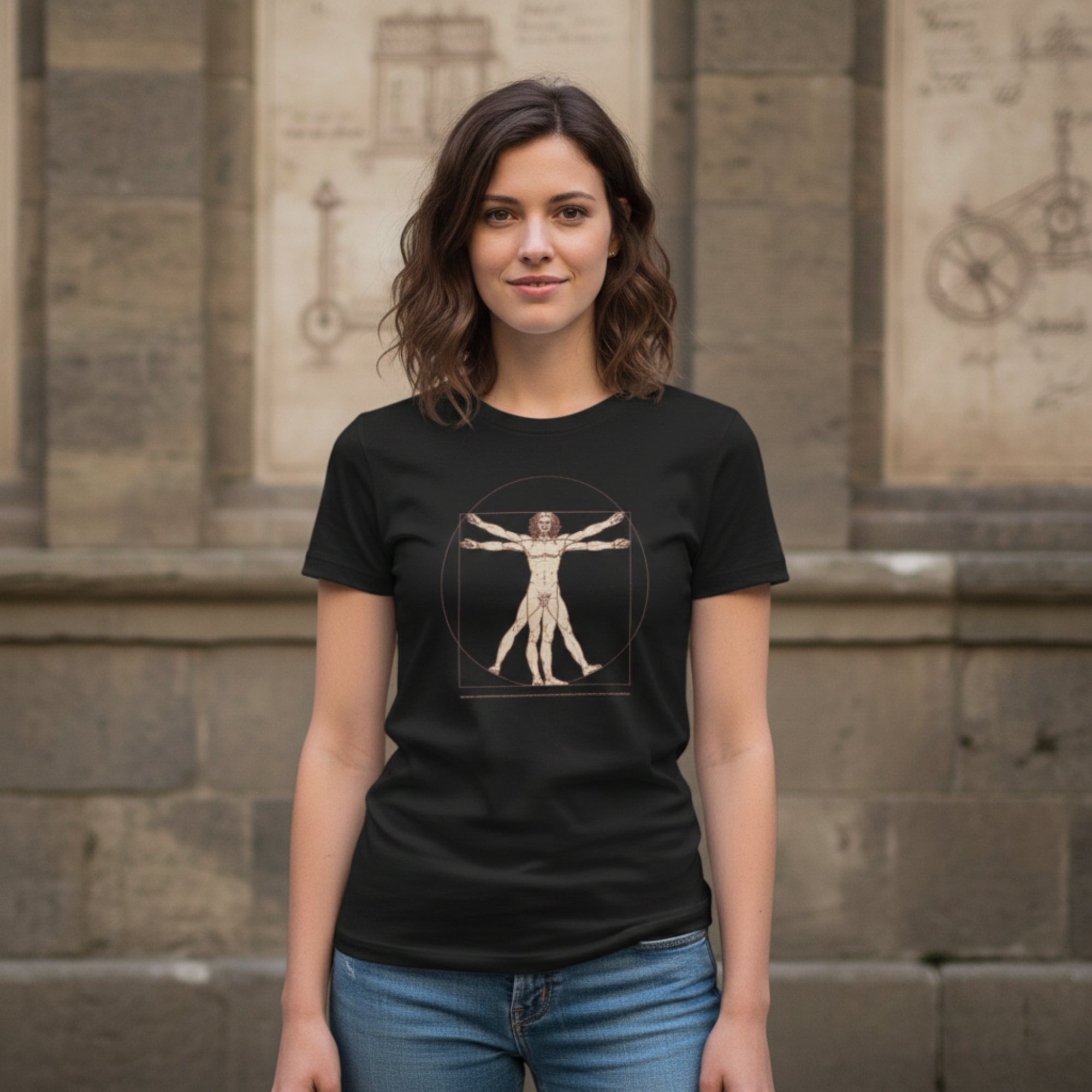 T Shirt donna bianca con stampa Uomo Vitruviano di Leonardo Da Vinci indossata