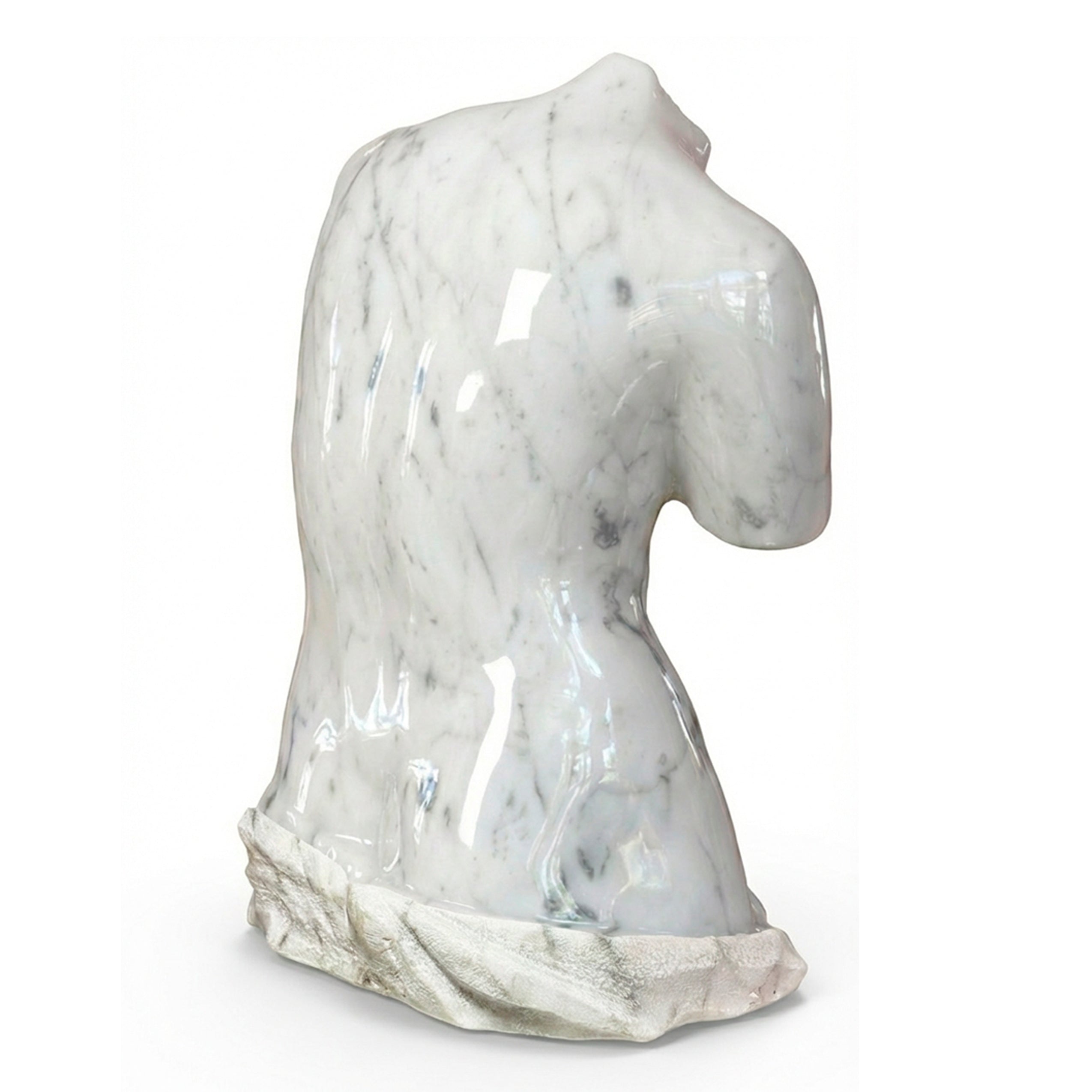Vista posteriore del torso di Venere in marmo di Carrara.
