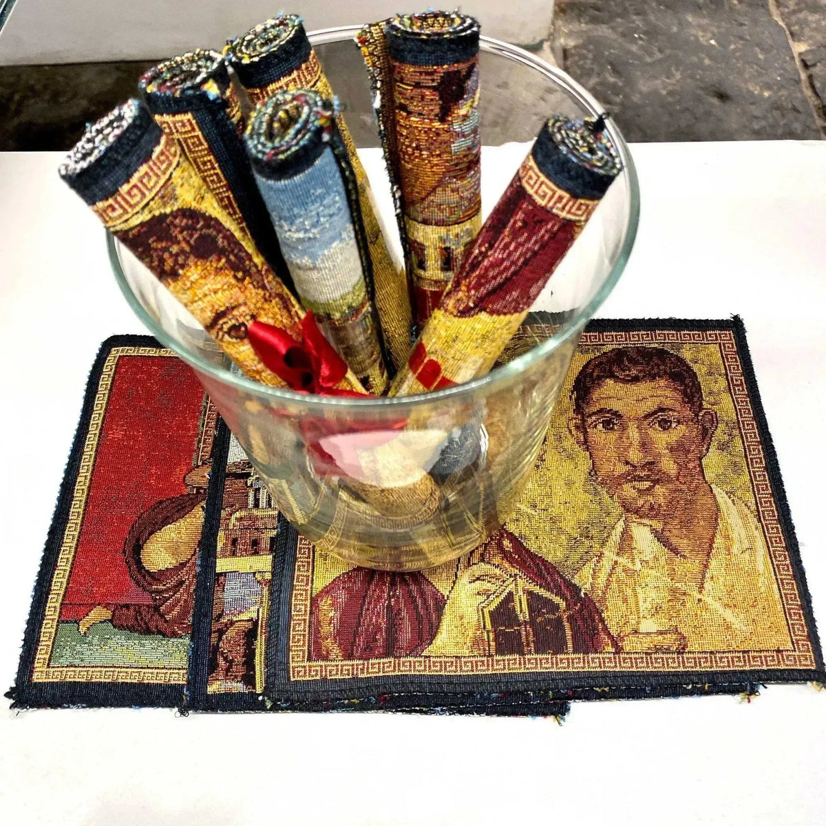 Jacquard tapestry, mouse pad with Pompeian-themed artistic prints