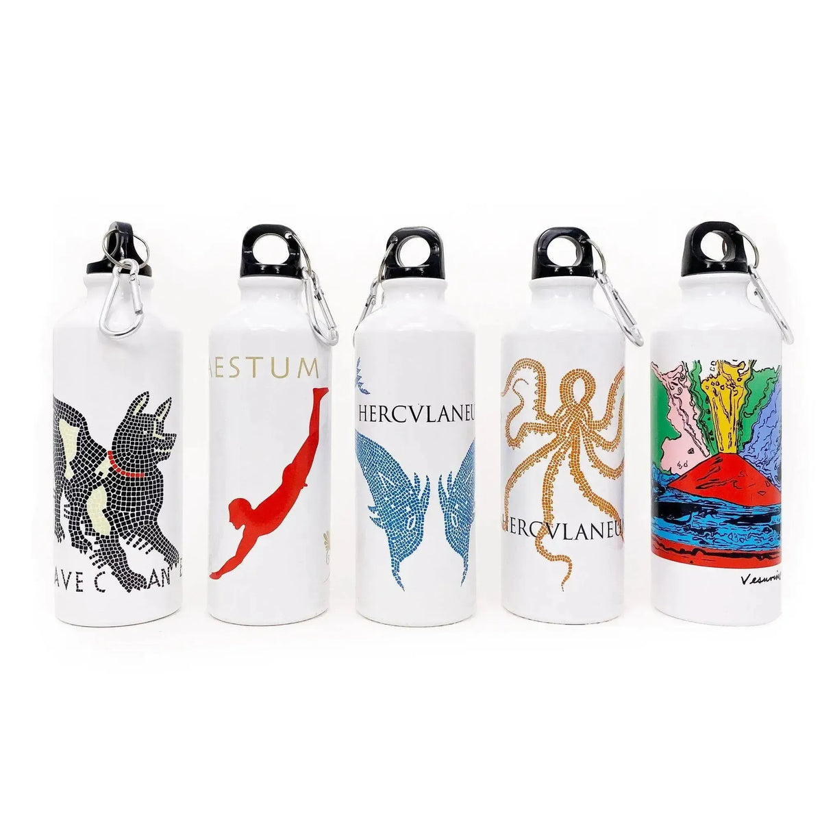 Botellas de agua termal con estampados artísticos temáticos en torno a Pompeya y Herculano.