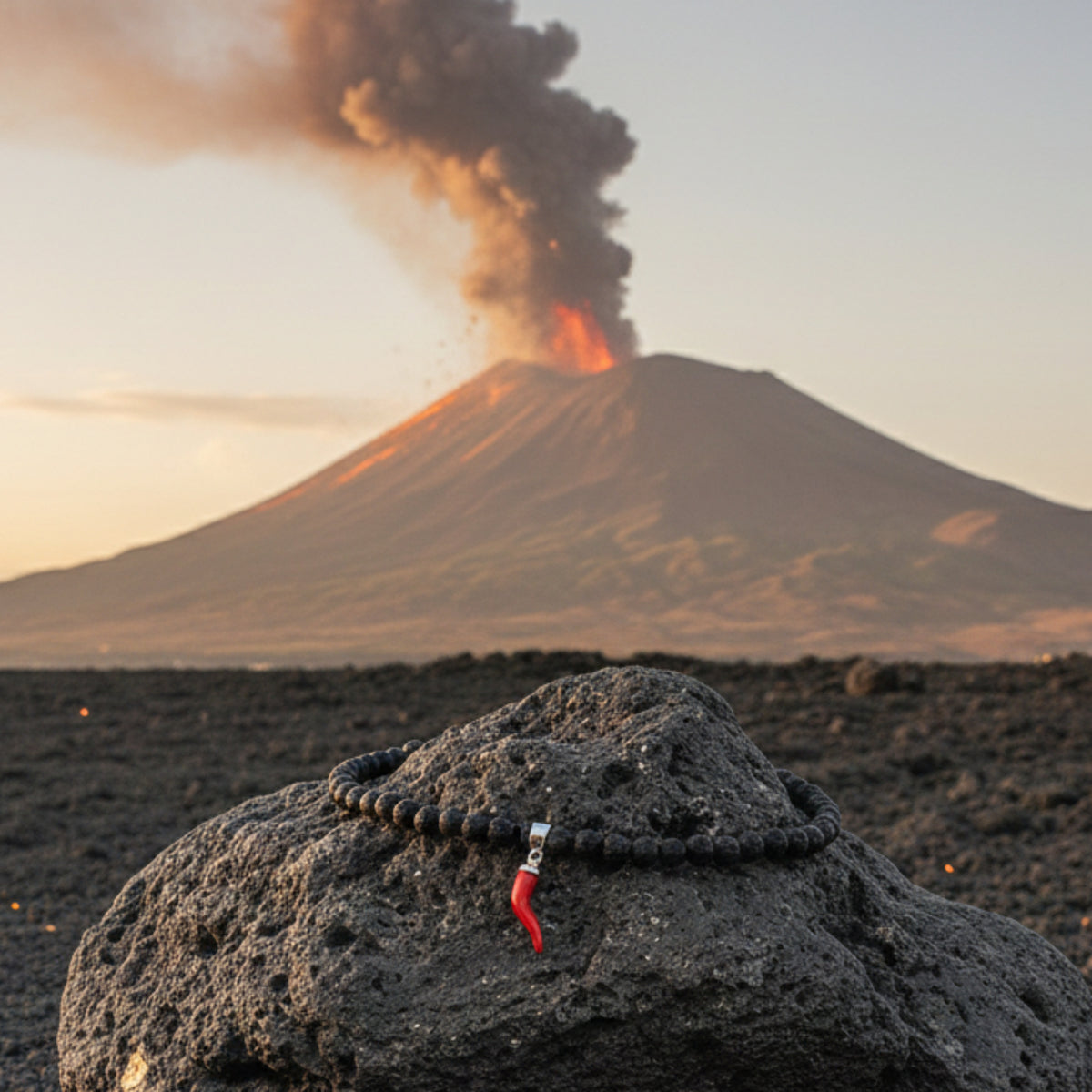 Bracciale in pietra lavica con corno rosso e attacco in argento, su una roccia con un vulcano in eruzione sullo sfondo