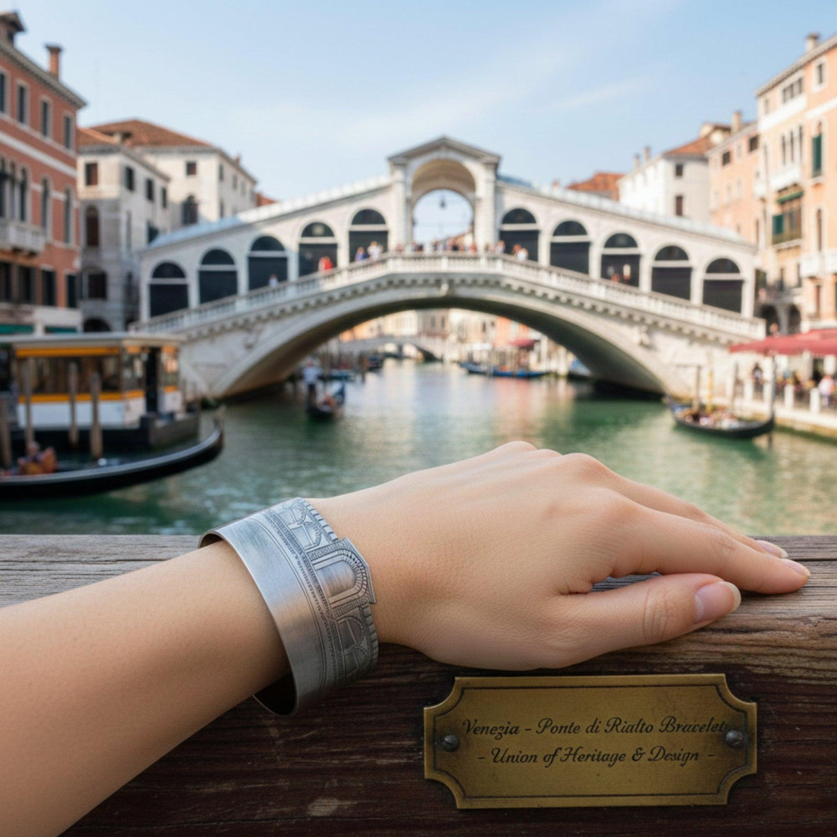 Bracciale Ponte di Rialto indossato al polso, con il ponte sullo sfondo