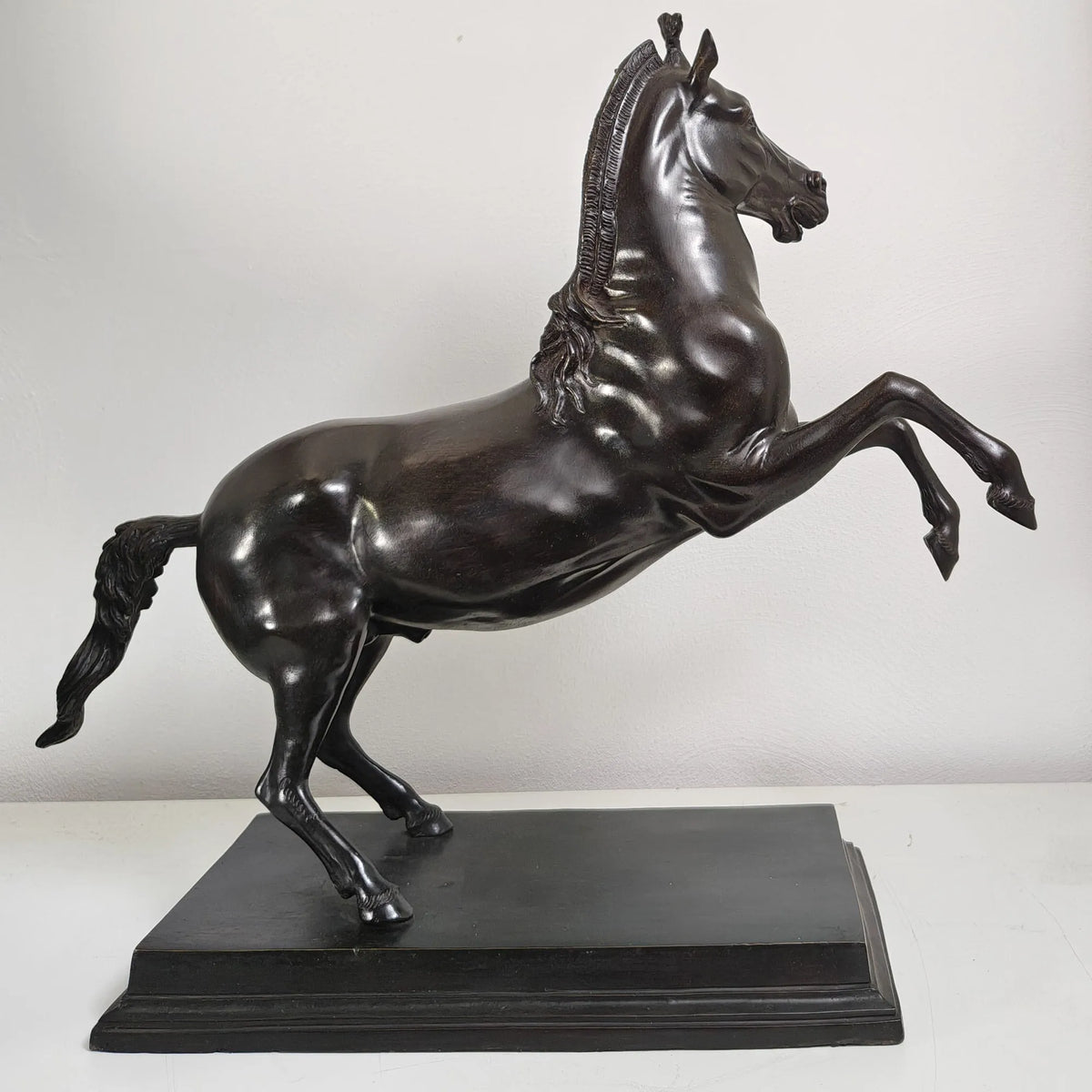 Scultura in bronzo di Bucefalo in posa rampante, con testa rivolta a destra, davanti a una parete chiara.