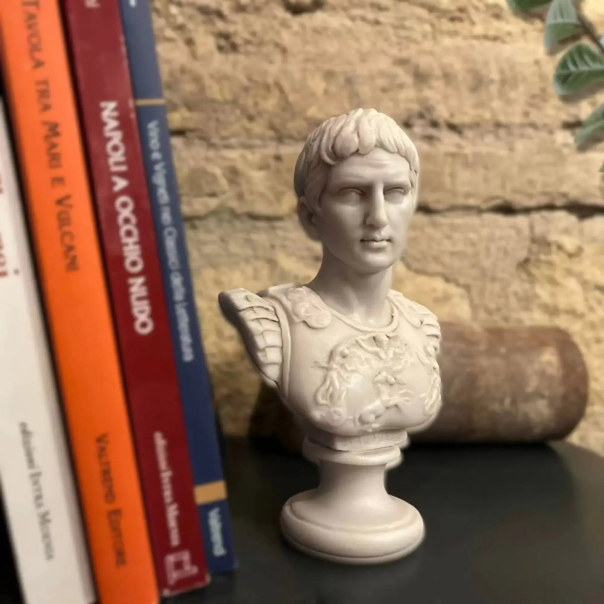 Busto di Augusto in marmo di Carrara ricomposto, su un ripiano accanto a libri e davanti a una parete in pietra.