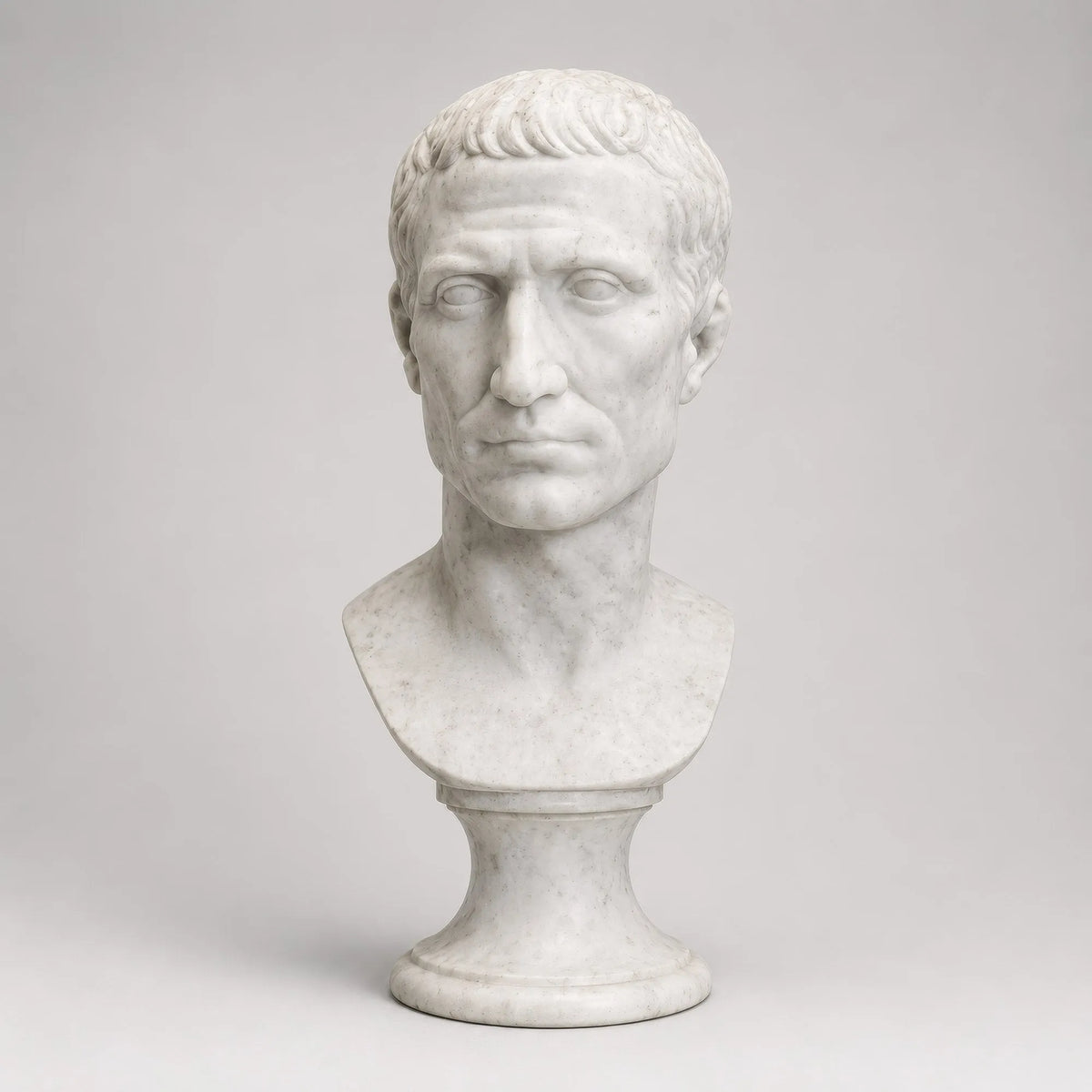 Busto di Giulio Cesare in marmo di Carrara su piedistallo tornito, su fondo grigio chiaro.