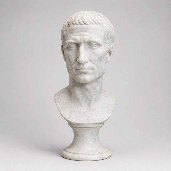 Busto di Giulio Cesare in marmo di Carrara su piedistallo tornito, su fondo grigio chiaro.