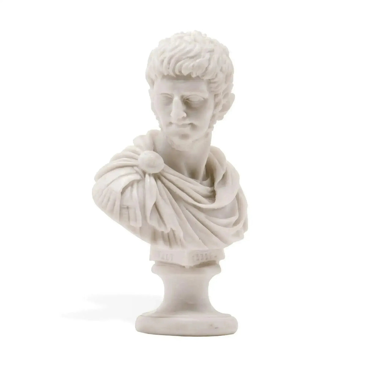 Busto di Nerone in marmo di Carrara ricomposto, con mantello drappeggiato, visto a tre quarti su fondo bianco.