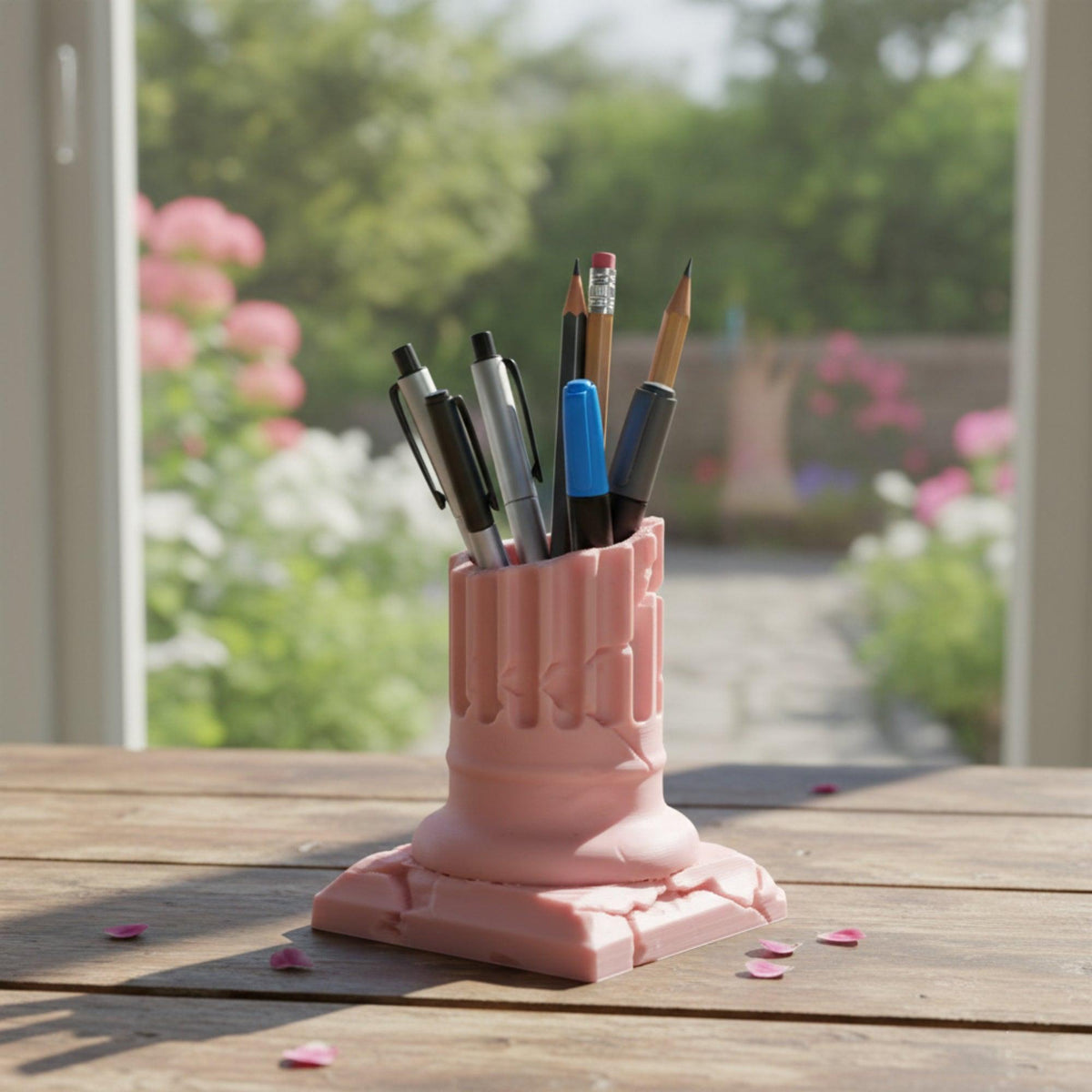 Portapenne a capitello dorico rosa in PLA, con penne e matite su un tavolo in legno davanti a una finestra.
