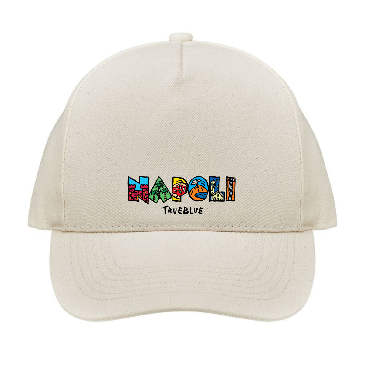 Chapeau naturel Napoli avec logo brodé multicolore, vue de face.