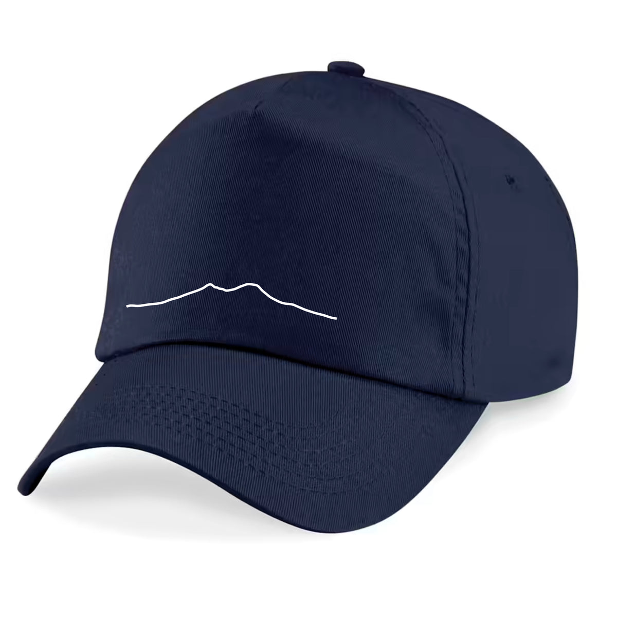 Casquette bleue avec broderie du Vésuve, vue latérale en angle.