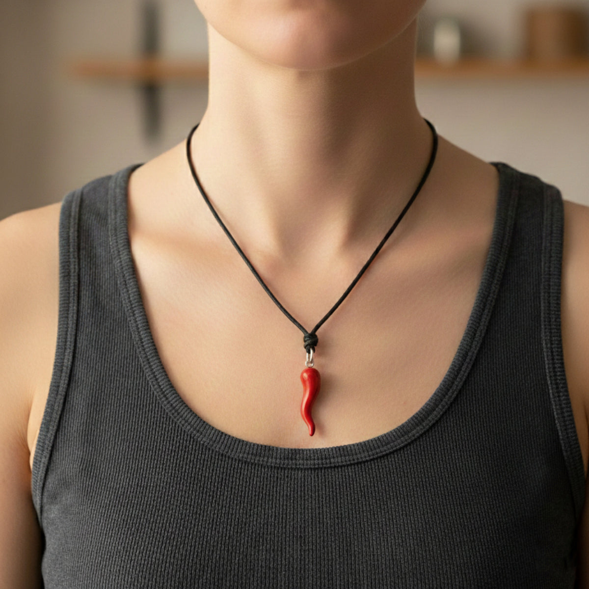 Ciondolo a corno medio rosso, indossato con un cordino nero e una canotta grigia