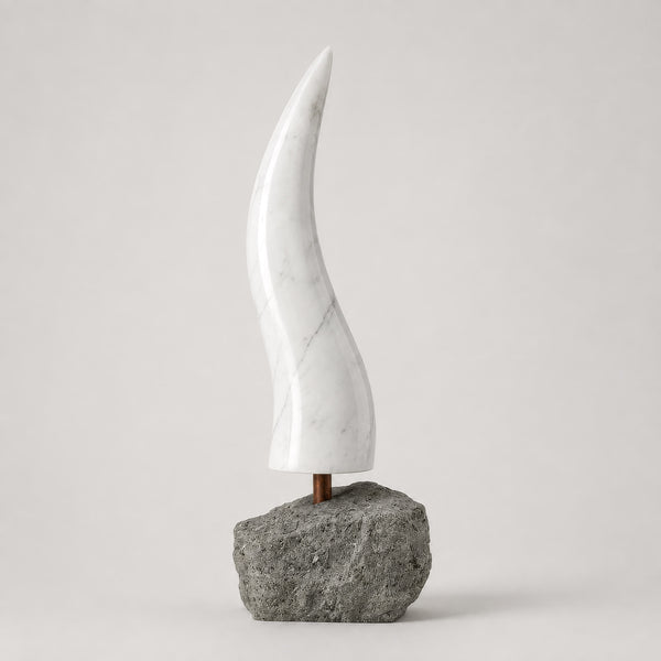 Carrara Marble Sculpture. The Stone Horn. Elegance, Protection, and Italian Design