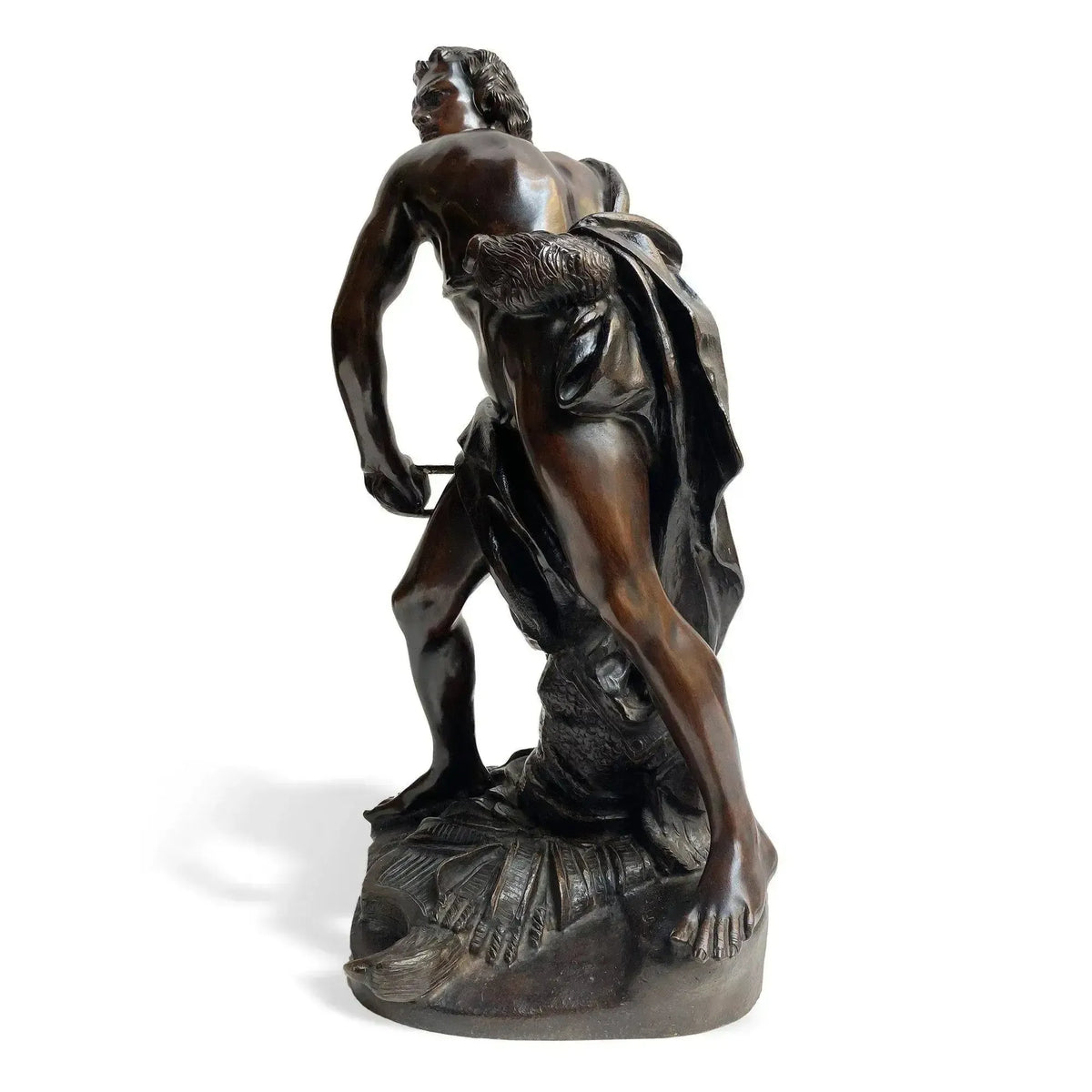 David di Bernini in bronzo brunito, vista intera posteriore dal lato della schiena scoperta.