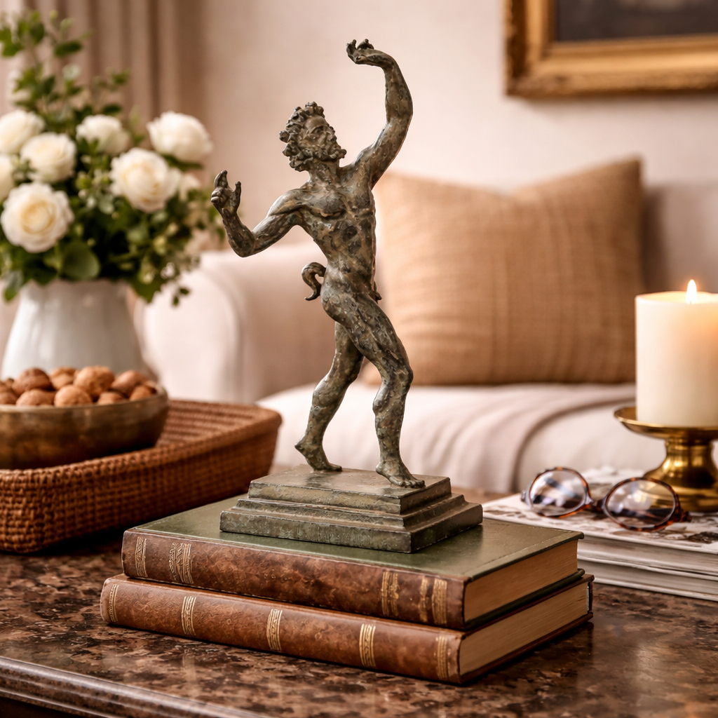 Fauno danzante di Pompei in bronzo con patina verde, statua decorativa su base rettangolare fotografata in ambiente elegante con libri e arredi.