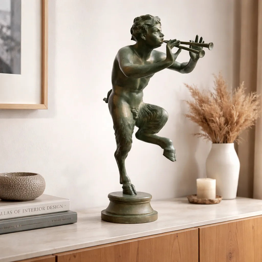 Fauno con pifferi in bronzo con patina verde su un mobile, accanto a libri, una candela e un vaso con rami secchi.