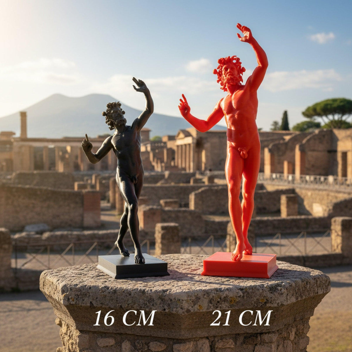 Due Fauni Danzanti in PLA nero e rosso di dimensioni diverse, su un piano in pietra con rovine e montagna sullo sfondo.