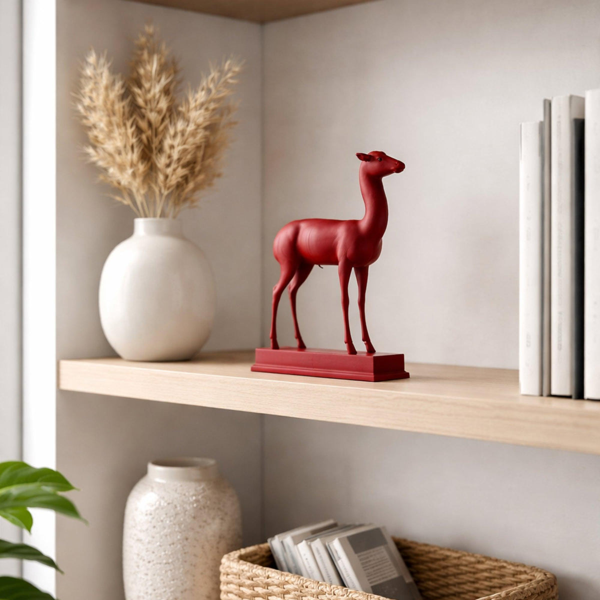 Gazzella rossa in PLA su una mensola in legno, accanto a un vaso con spighe e libri.