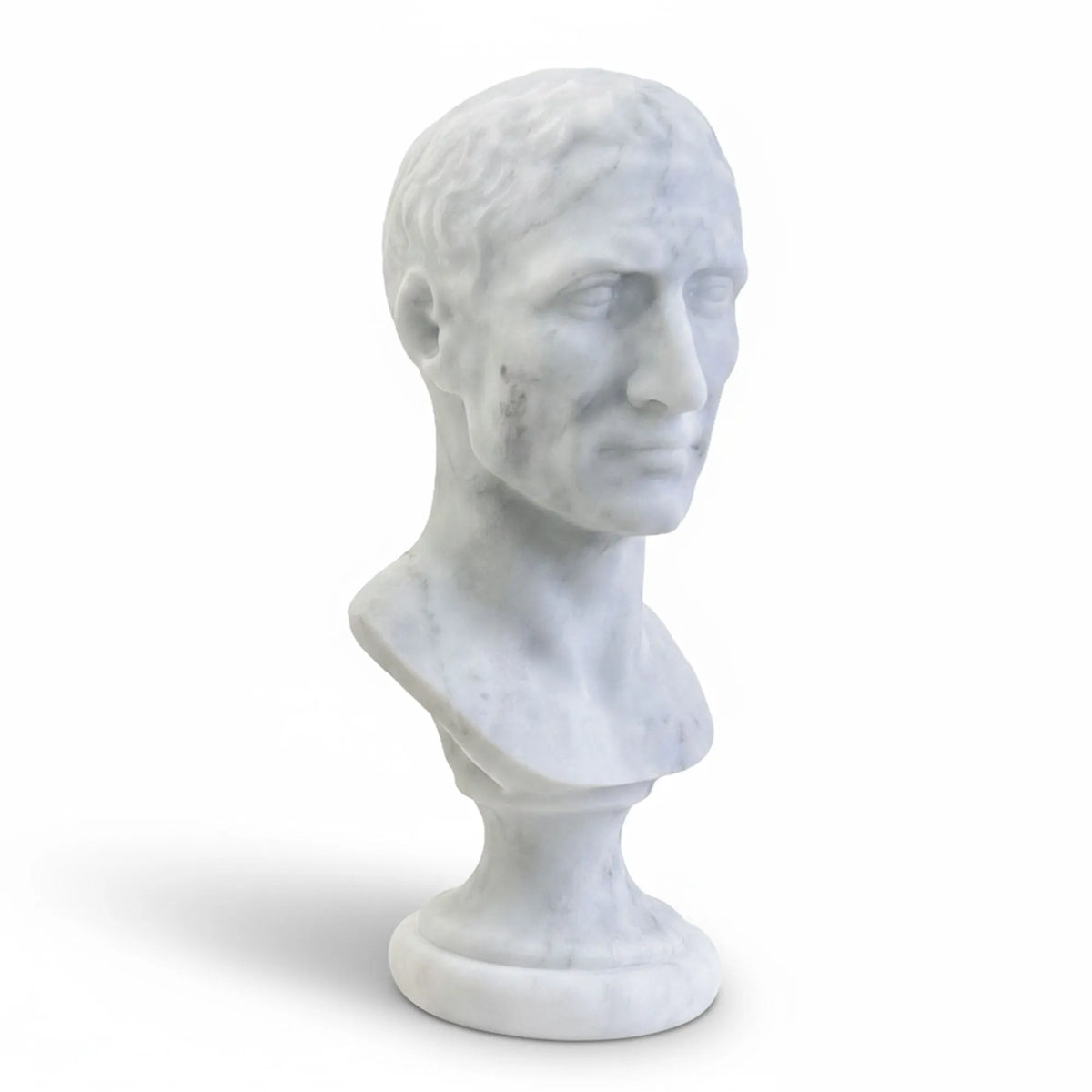 Busto di Giulio Cesare in marmo bianco di Carrara, vista a tre quarti su fondo bianco.