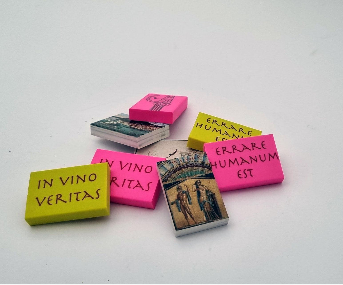 Art erasers with graphics inspired by Roman art and culture – multiple front and back views, collectible design