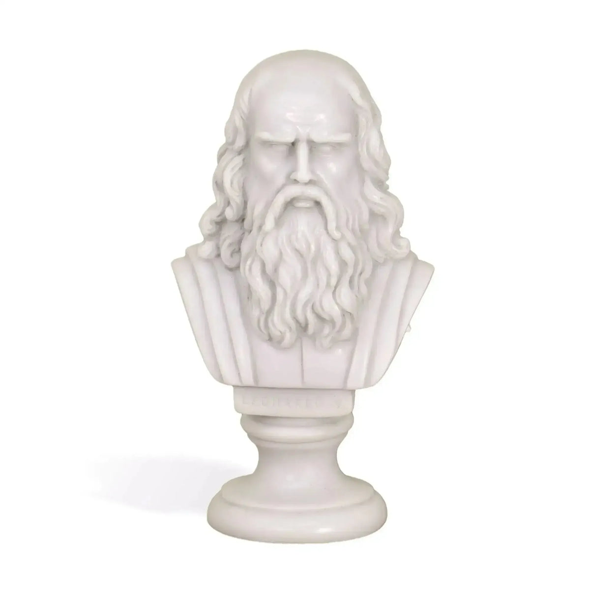 Busto di Leonardo da Vinci in marmo ricomposto, con lunga barba e capelli ondulati, visto frontalmente su fondo bianco.