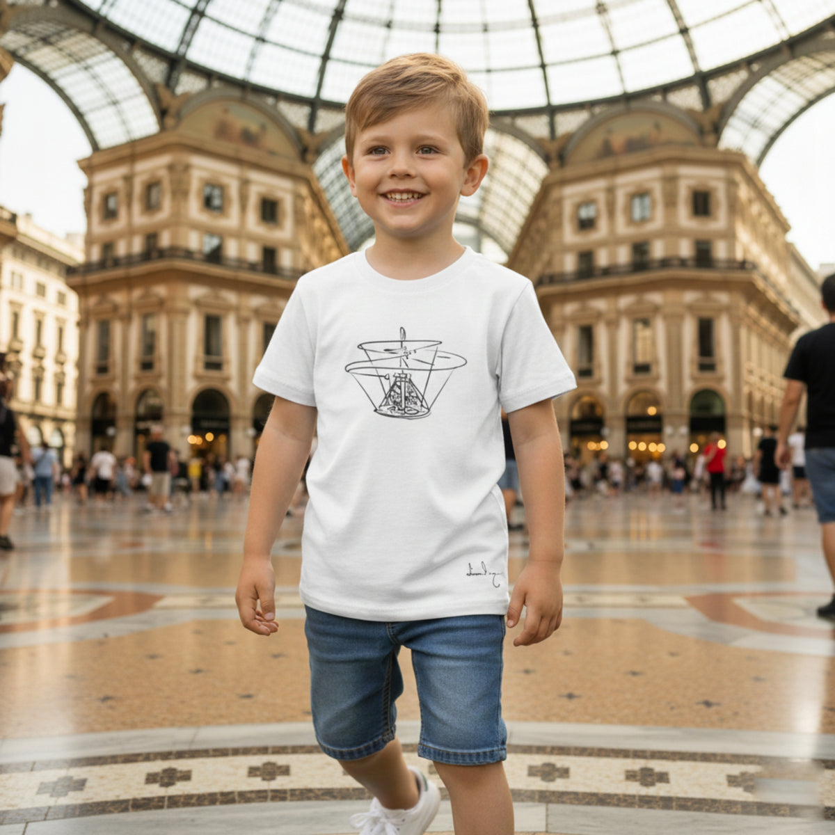 Camiseta para niños inspirada en Leonardo da Vinci, entre arte e ingeniería.