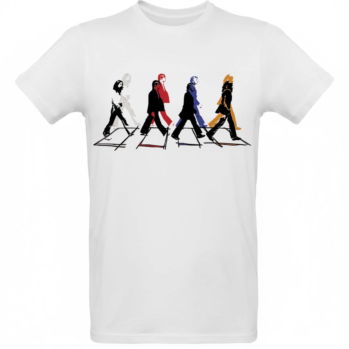 Camiseta “Crosswalk” inspirada en los Beatles, con cuatro siluetas sobre un paso de peatones.