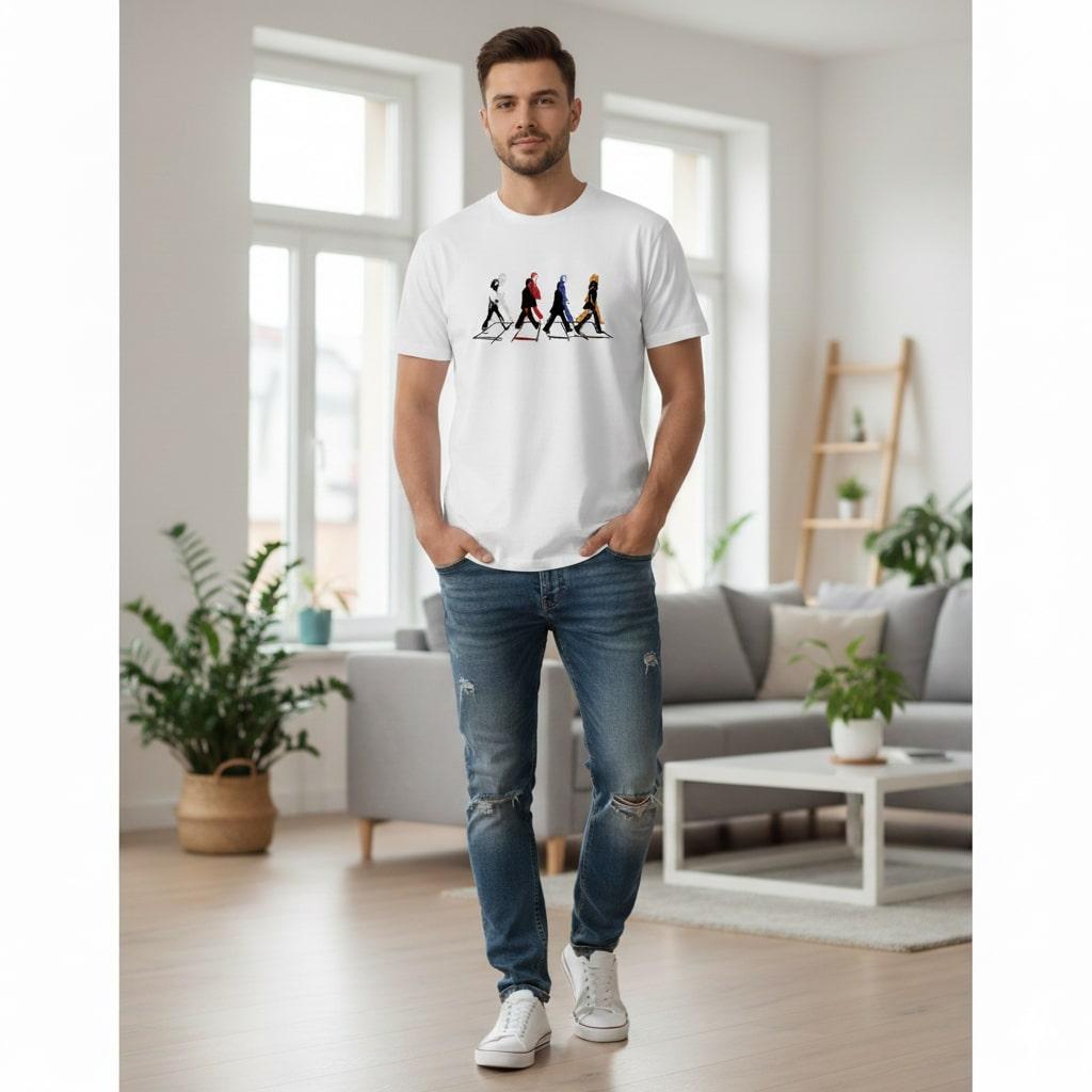 Camiseta “Crosswalk” inspirada en los Beatles, con cuatro siluetas sobre un paso de peatones.