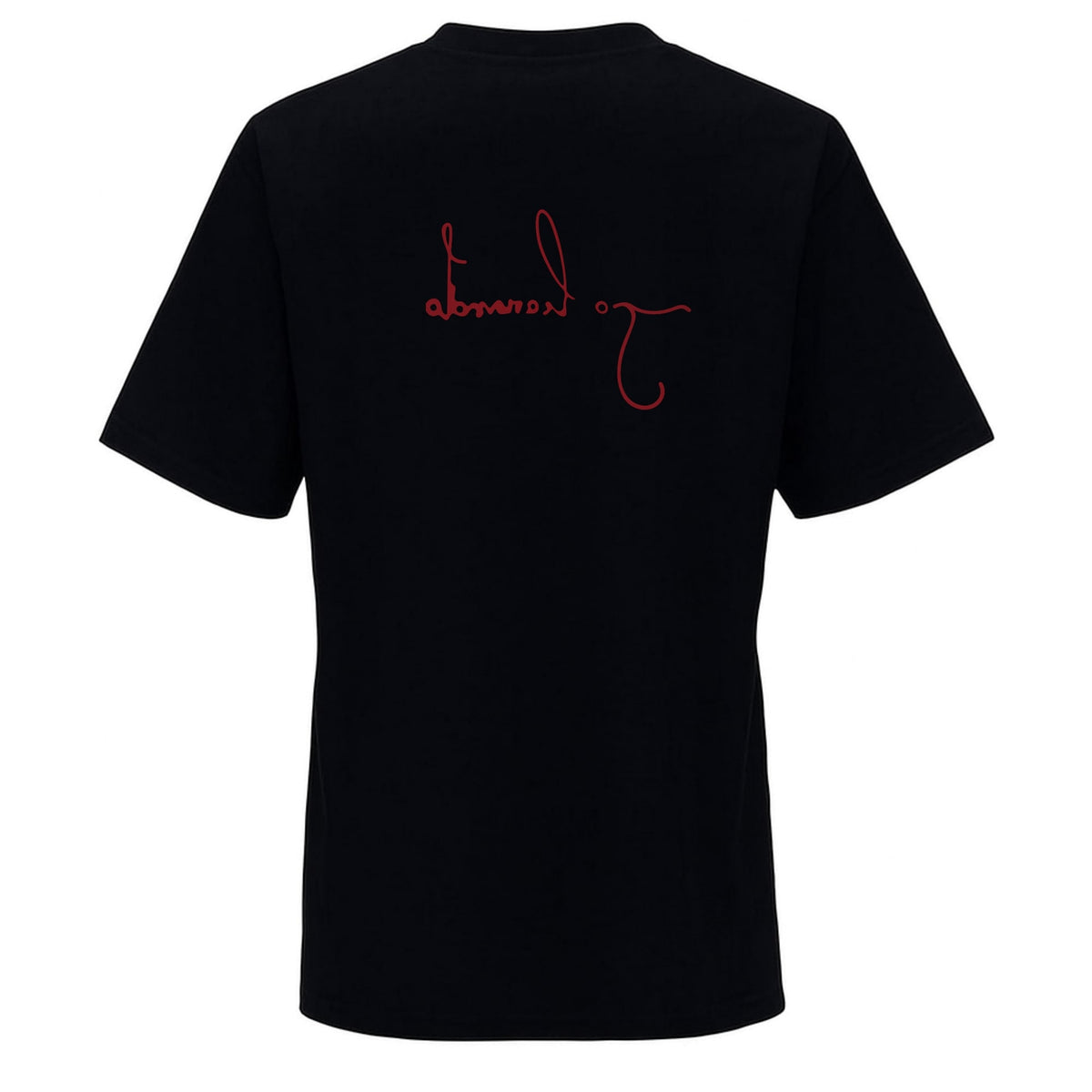Black T-shirt with Mona Lisa's eyes and Da Vinci's autograph.