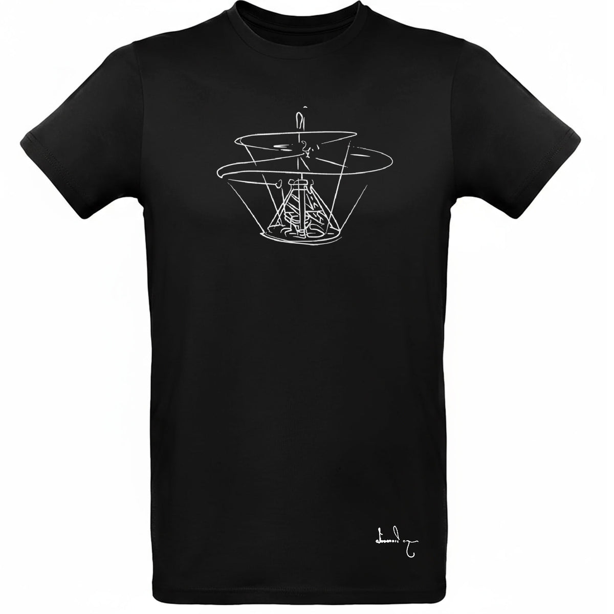 T-shirt noir avec dessin de la Machine Volante de Da Vinci.