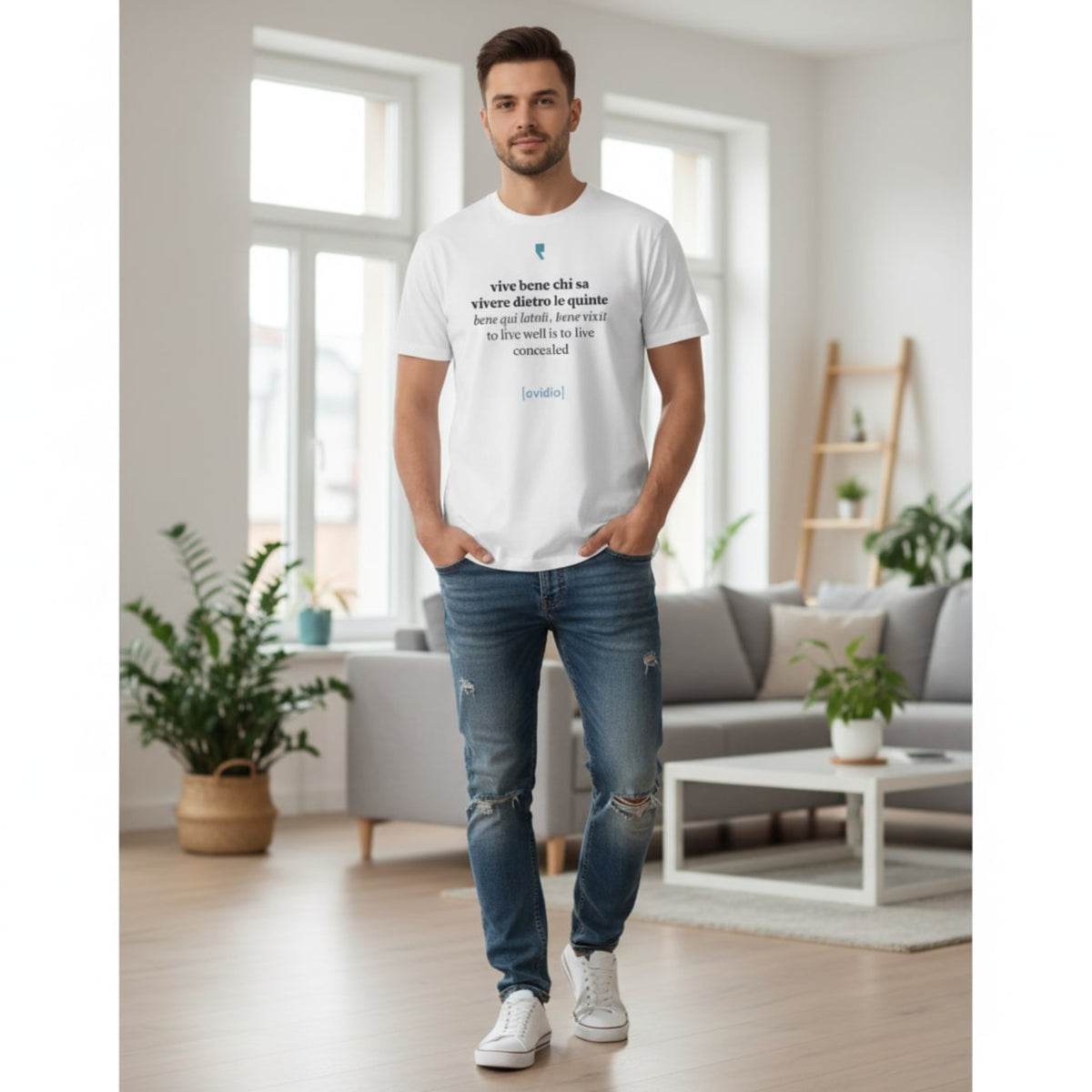 Camiseta de hombre “Ovidio Conceptual” con gráfico artístico inspirado en los temas de la poesía clásica.