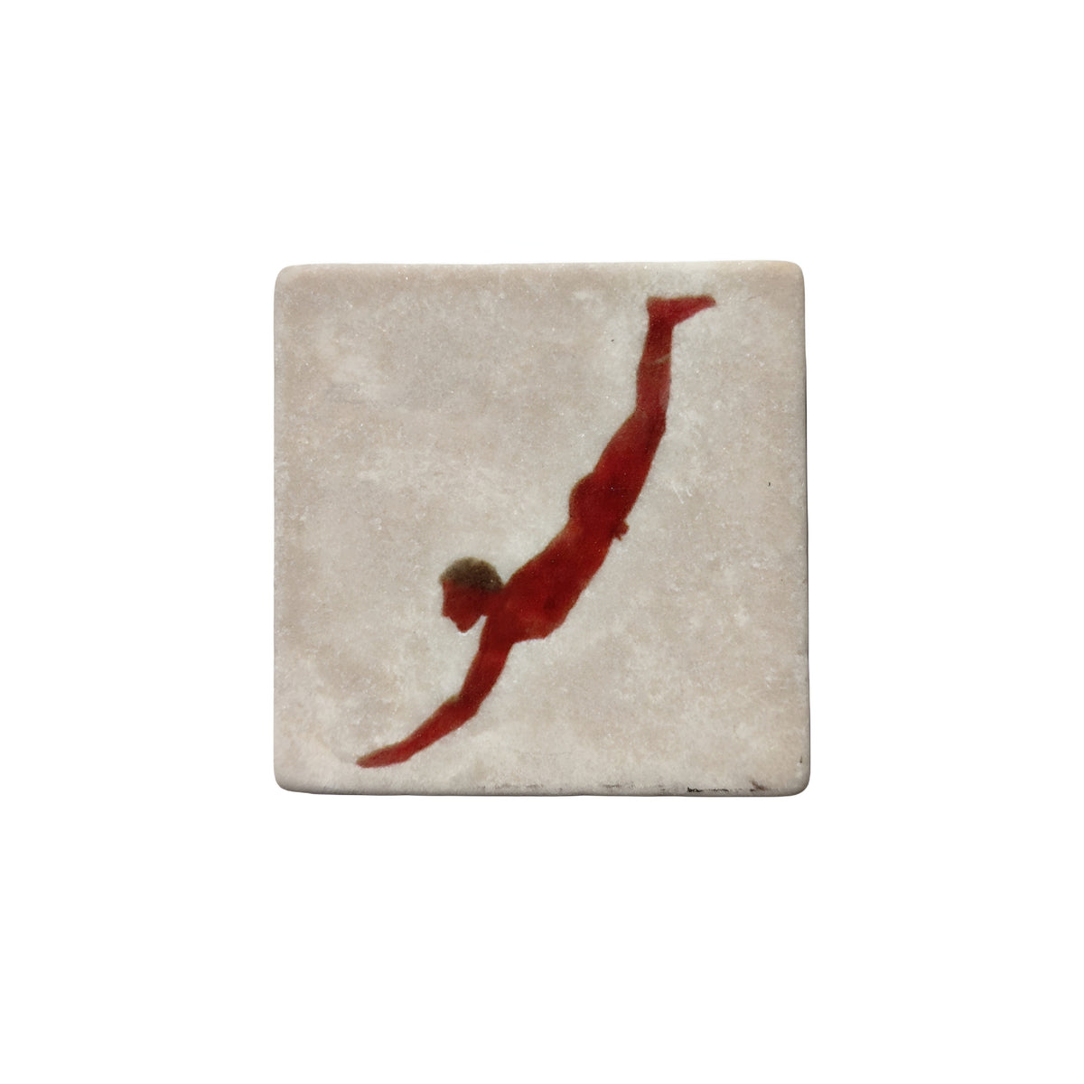 Magnete in marmo beige con figura rossa del Tuffatore di Paestum su fondo bianco